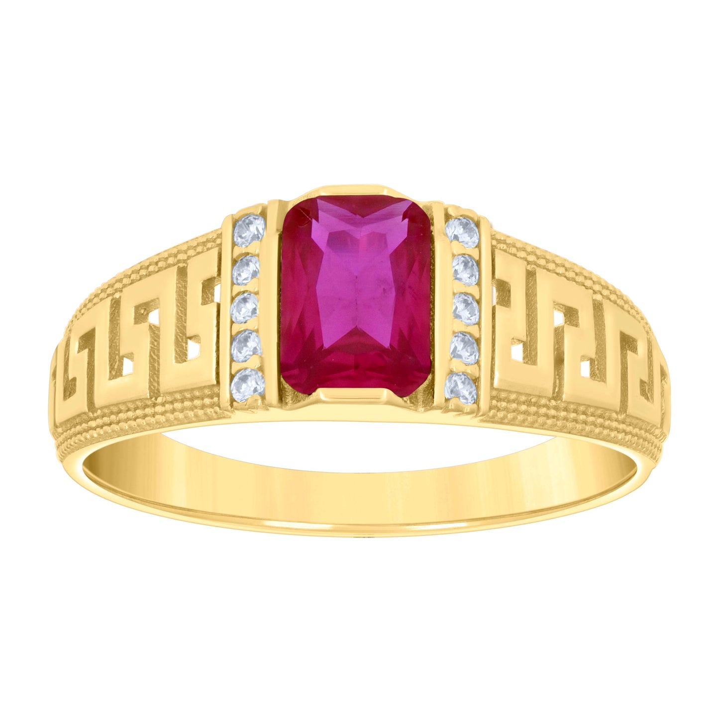 10K Yellow Gold Womens Pink White Emerald Round Cubic-Zirconia Greek Key Sides Fashion Ring