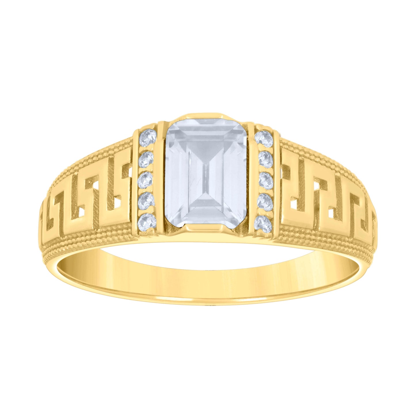 10K Yellow Gold Womens Emerald Round Cubic-Zirconia Greek Key Sides Fashion Ring