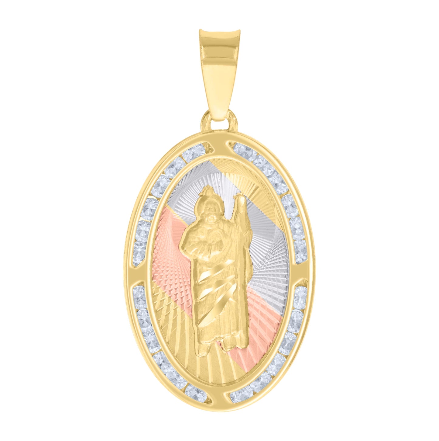 10K Tri-Color Gold Unisex Cubic-Zirconia Diamond-Cut St. Jude Religious Pendant