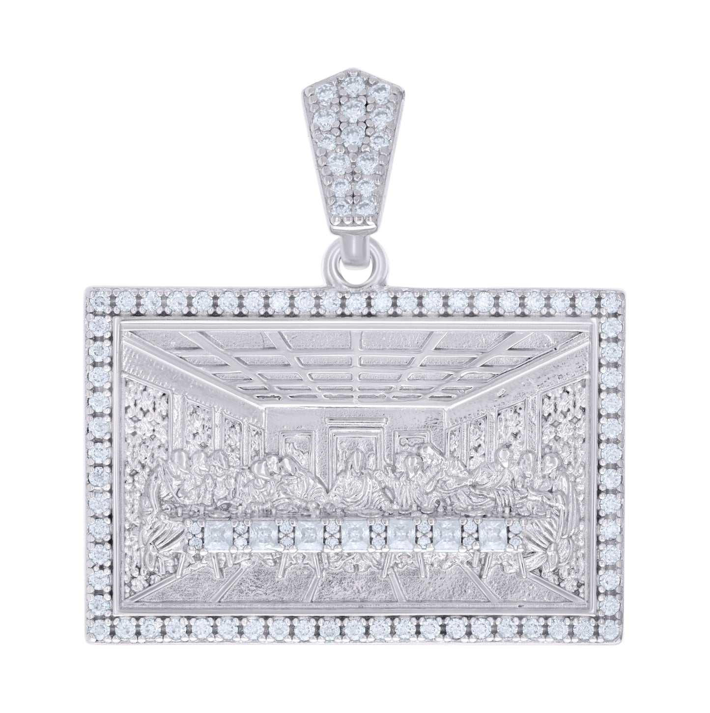 Sterling Silver Mens 1.22ct, 0.40ct Baguette Round Moissanite Last Supper Religious Pendant