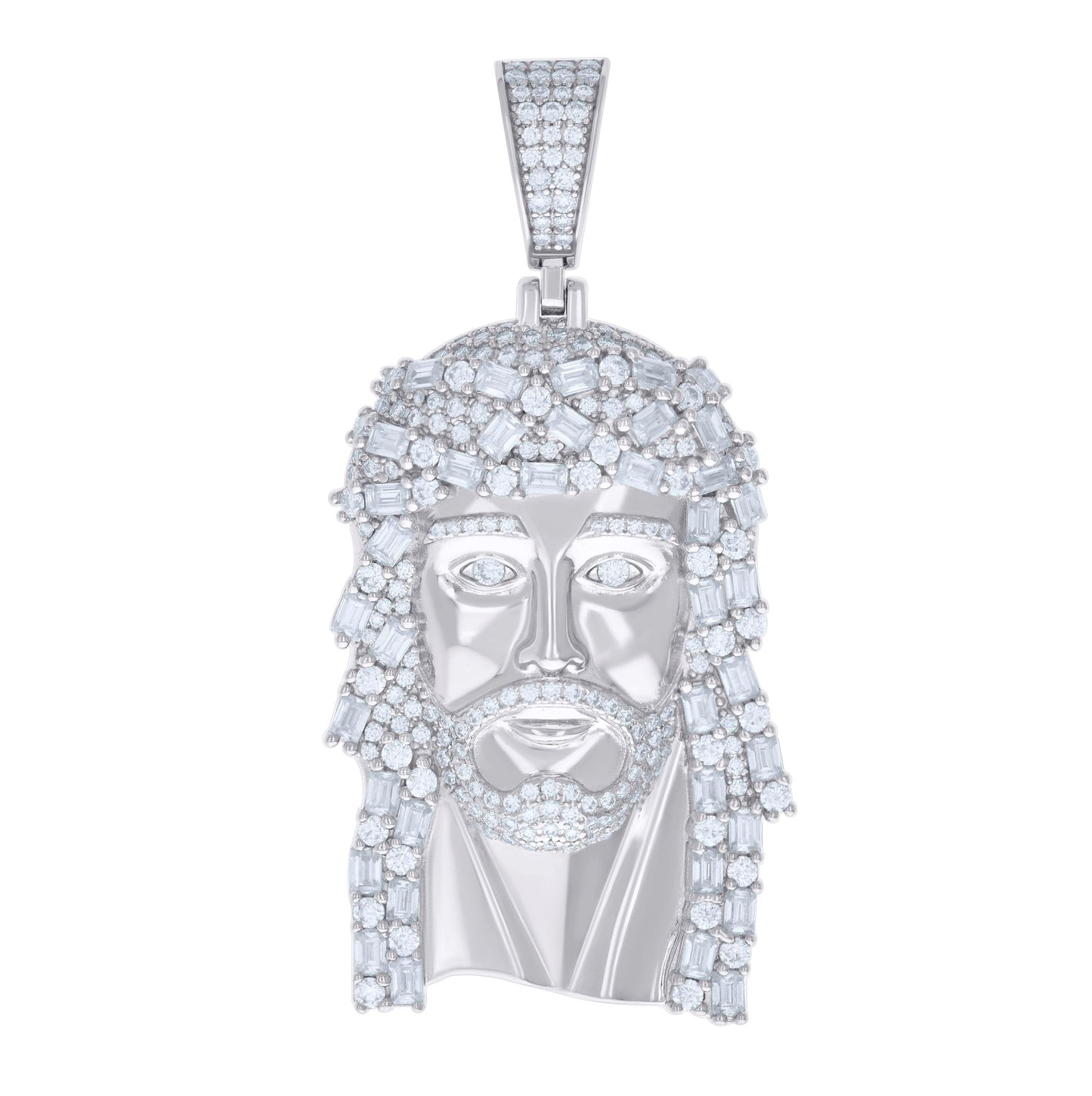 Sterling Silver Mens 3.01 Cttw, 3.79 Cttw Baguette Round Moissanite Jesus Religious Pendant
