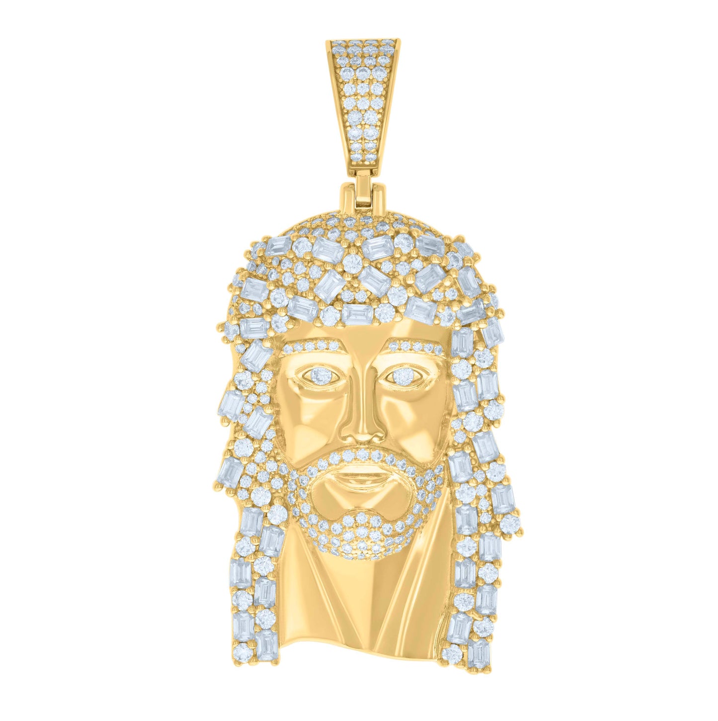 Sterling Silver Yellow-tone Mens 3.01 Cttw, 3.79 Cttw Baguette Round Moissanite Jesus Pendant