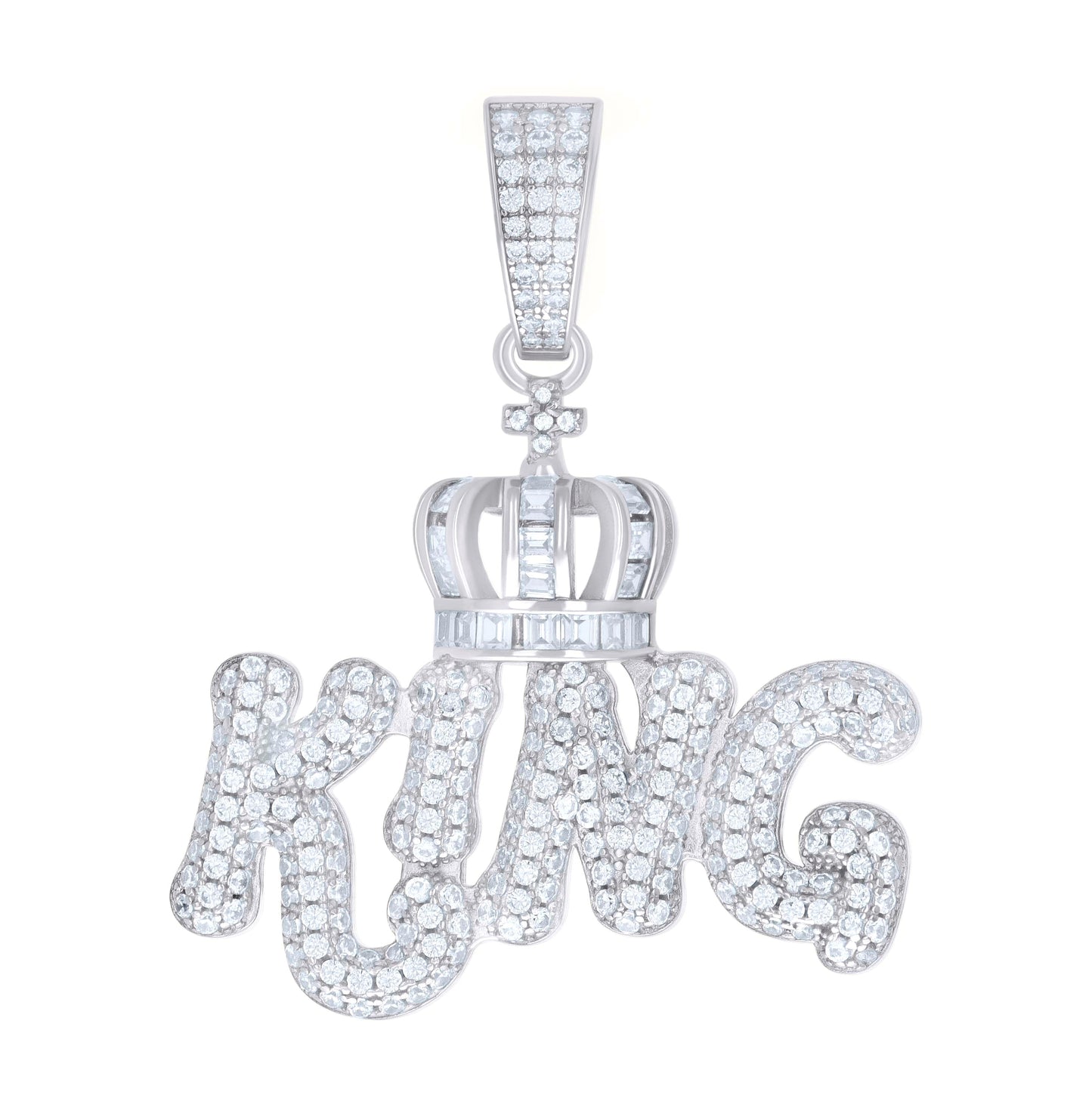 Sterling Silver Mens Round Baguette Moissanite King Fashion Charm Pendant