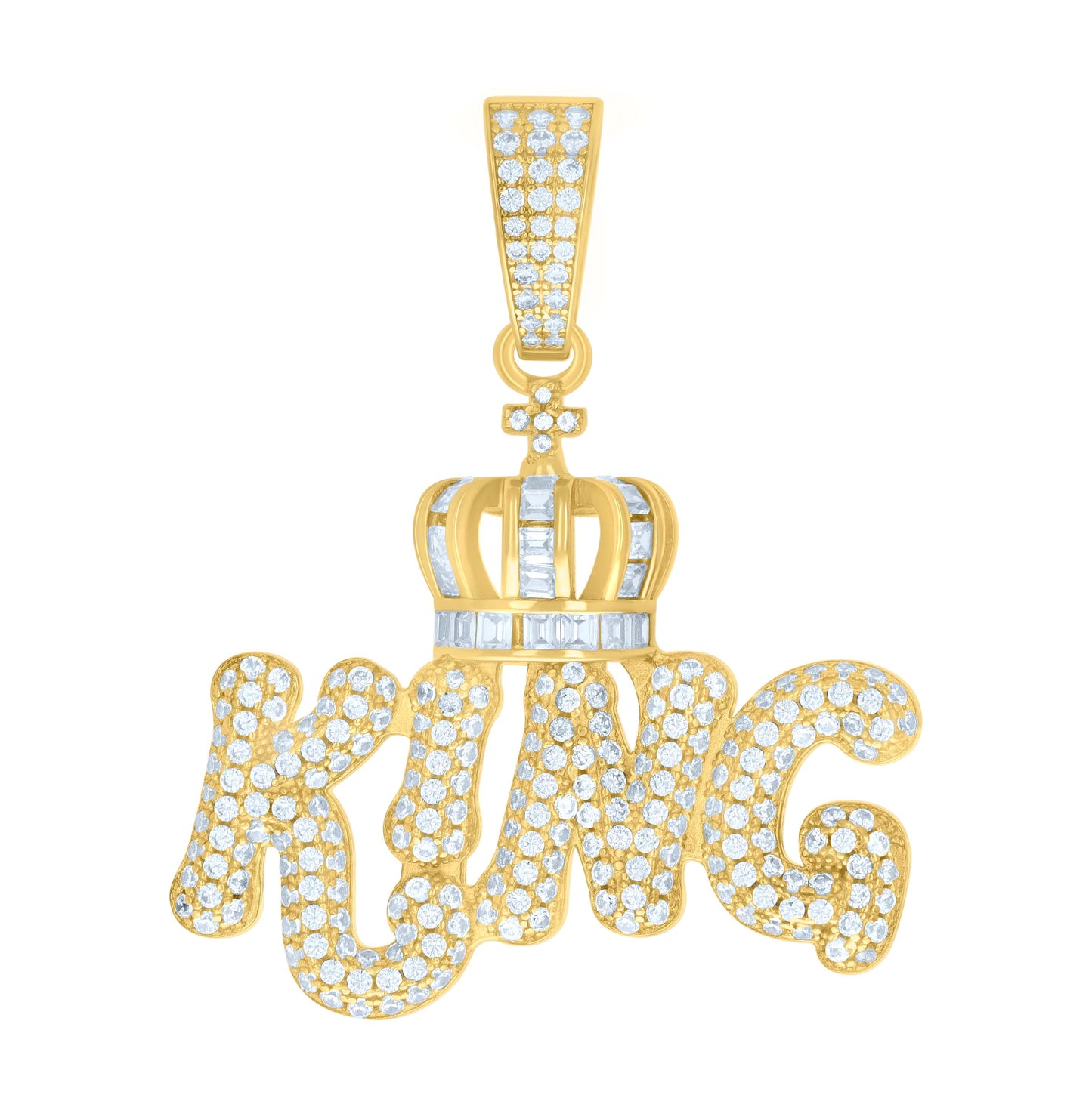 Sterling Silver Mens Round Baguette Moissanite King Fashion Charm Pendant