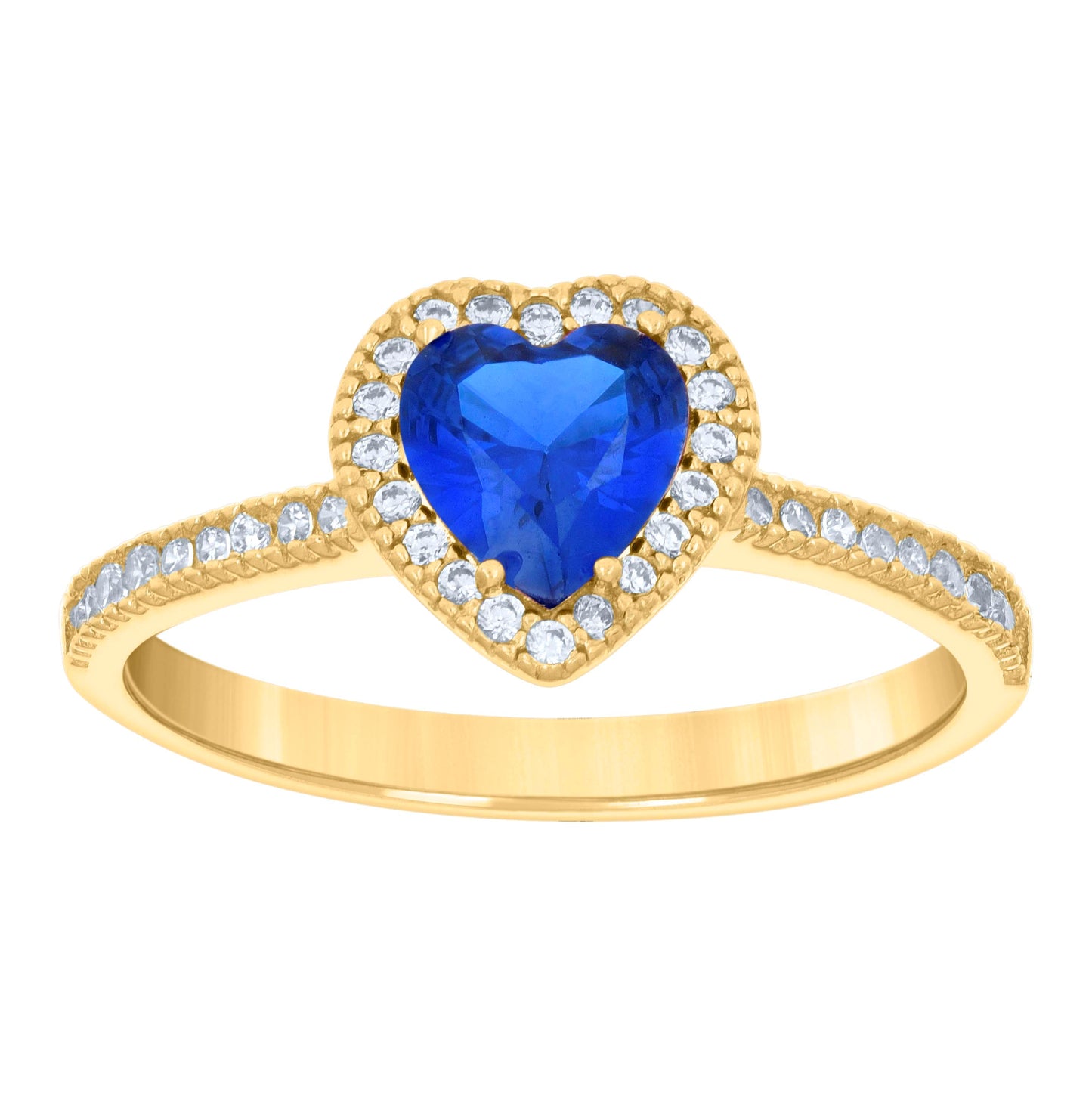 14K Yellow Gold Womens Blue White Heart Round Cubic-Zirconia Heart Ring