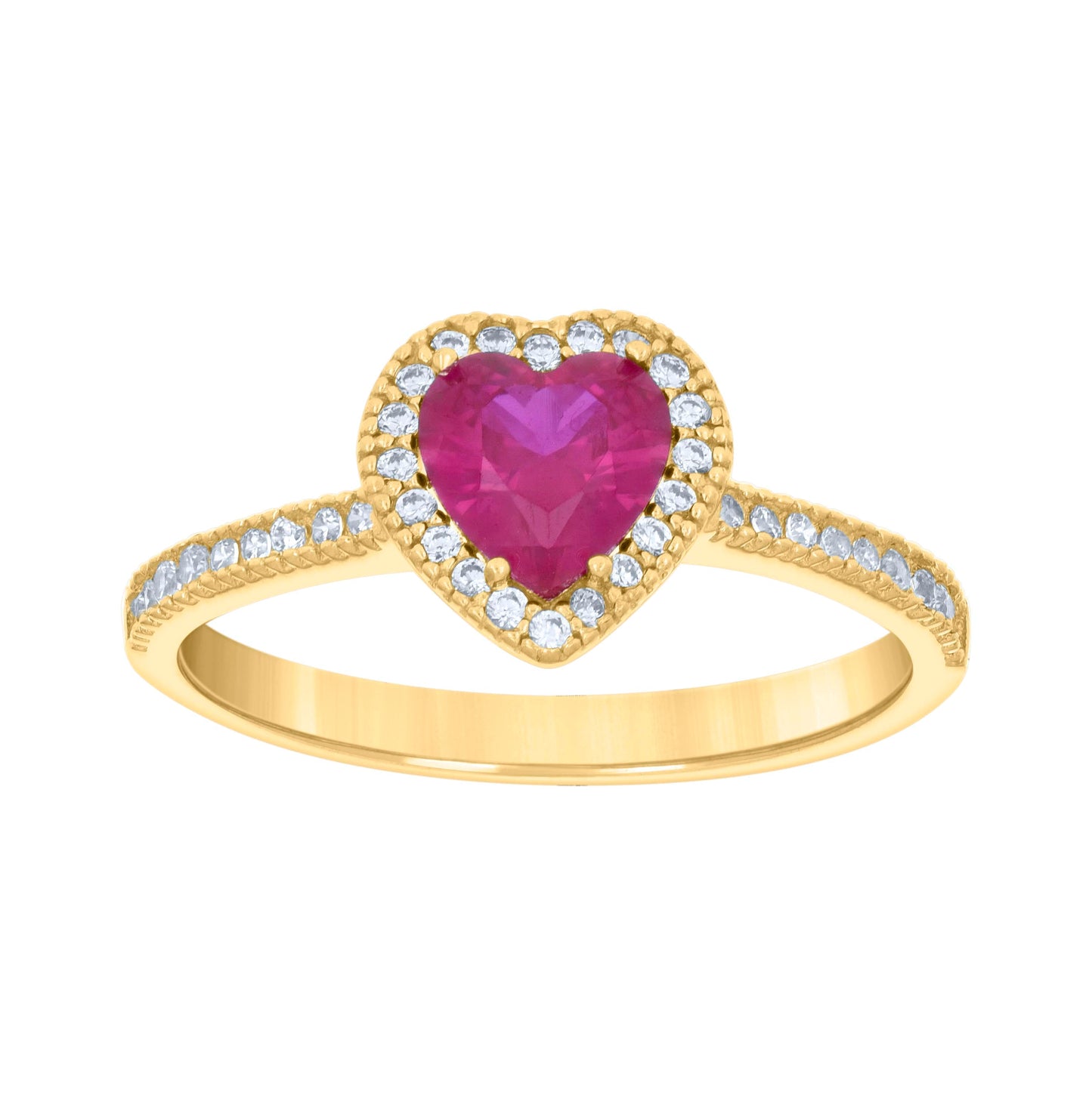 14K Yellow Gold Womens Pink White Heart Round Cubic-Zirconia Heart Ring