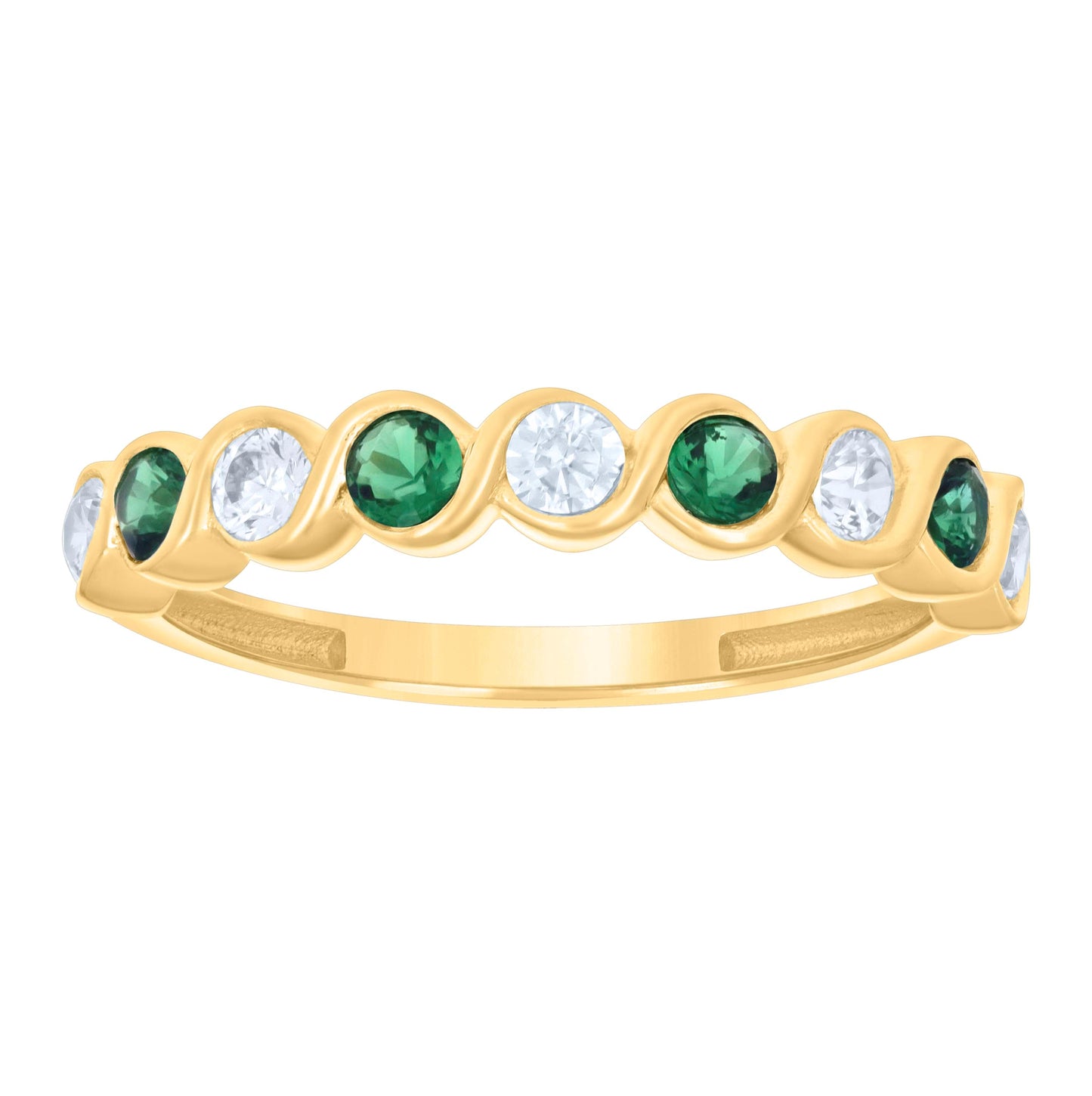 14K Yellow Gold Womens Green White Cubic-Zirconia Half Eternity Ring