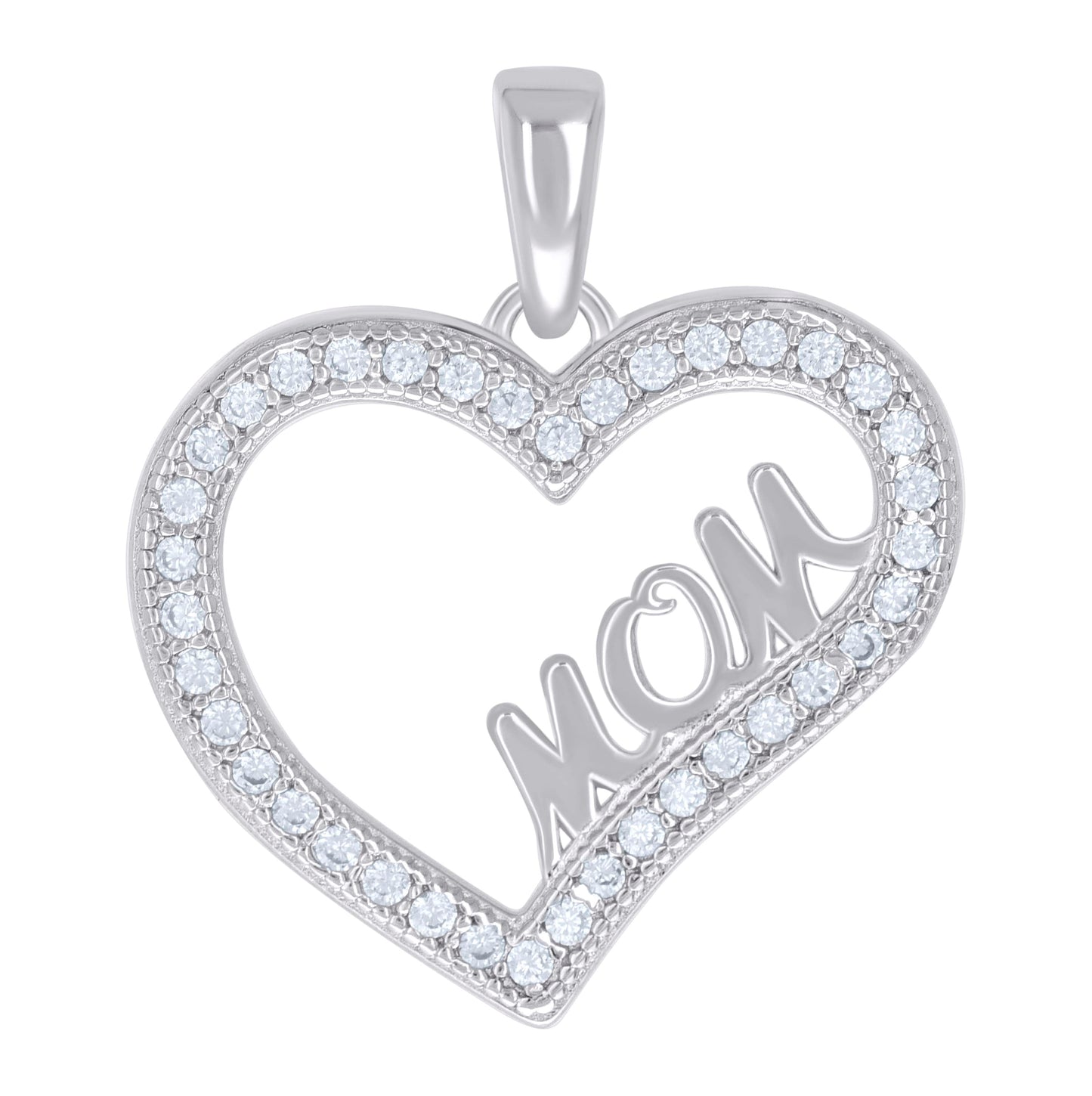 Sterling Silver Womens Cubic-Zirconia Heart Mom Charm Pendant