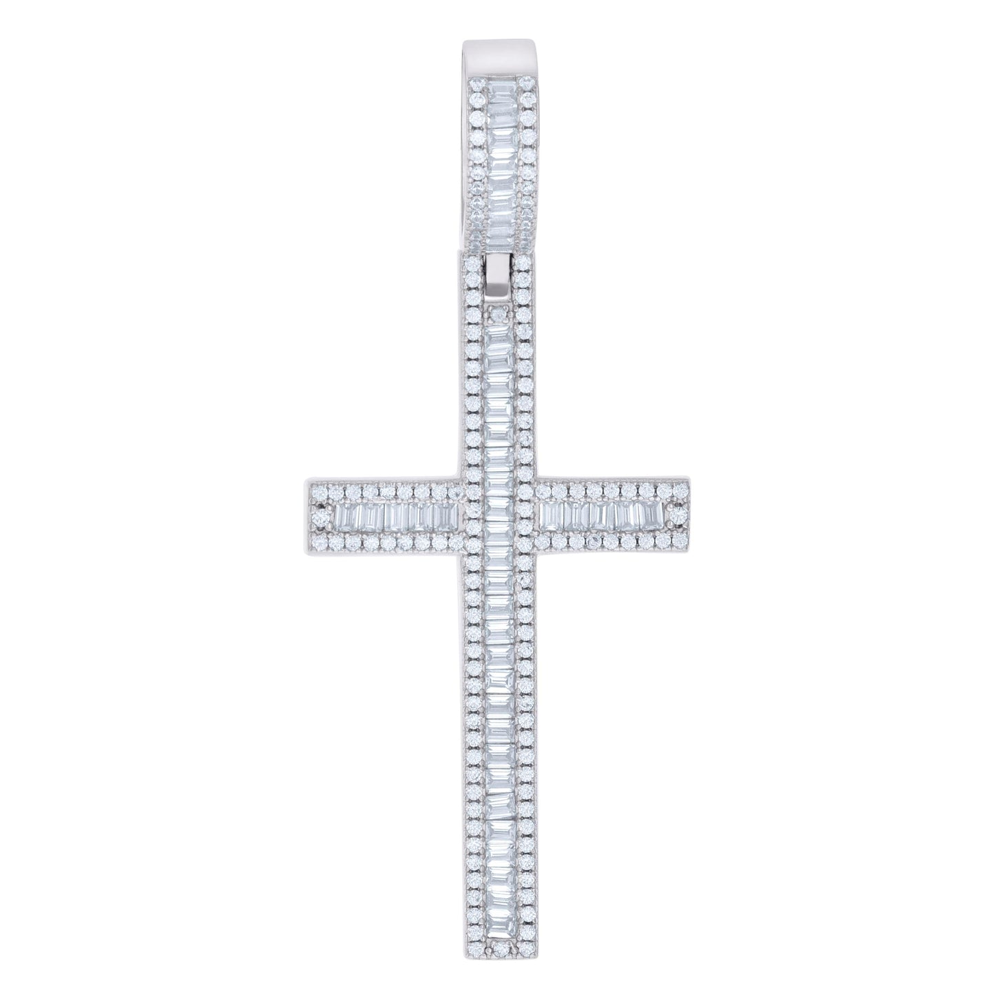 Sterling Silver Mens Baguette Round Cubic-Zirconia Cross Religious Charm Pendant