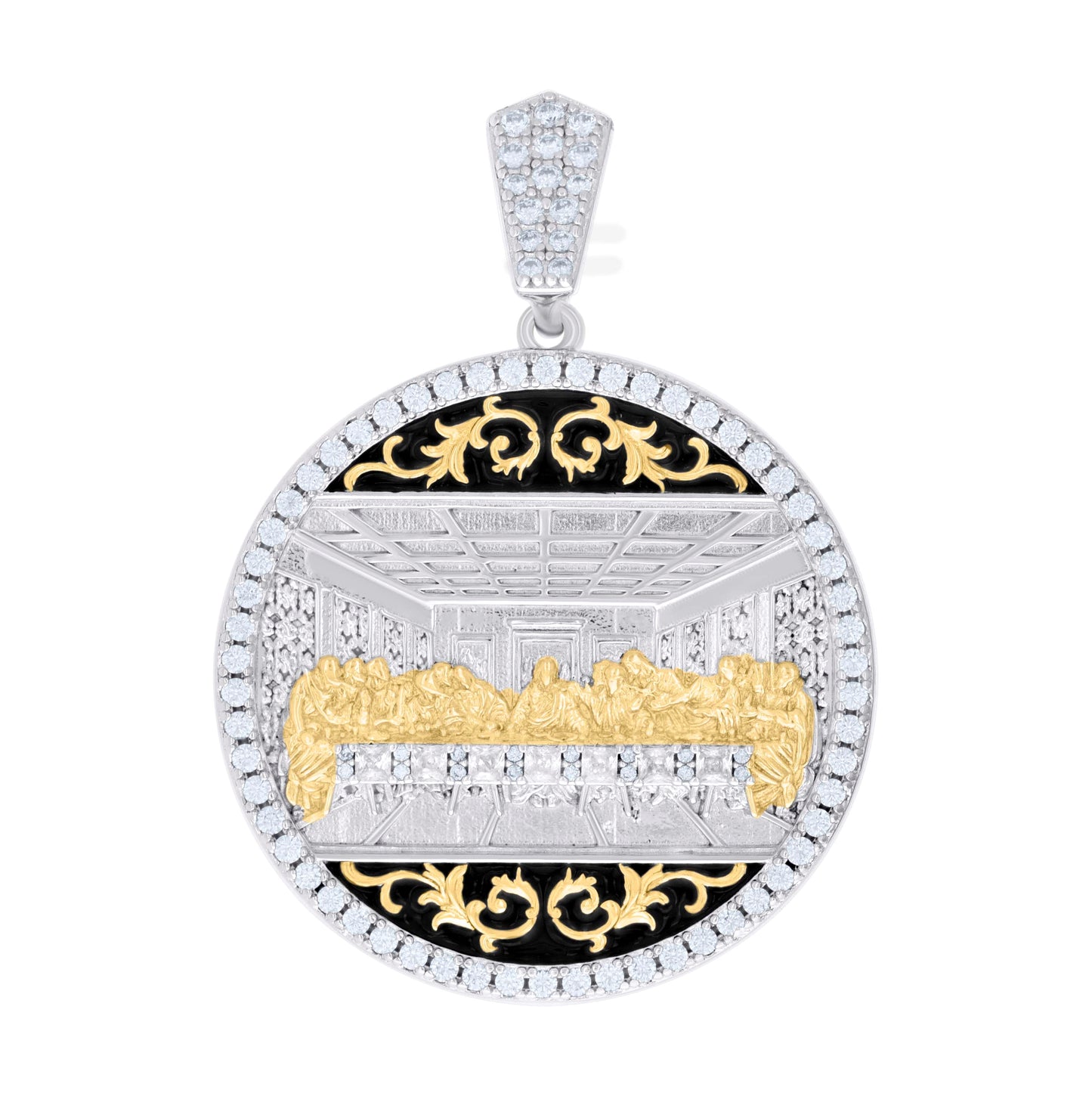 Sterling Silver Yellow-tone Mens Princess-Cut Round Cubic-Zirconia Last Supper Religious Charm Pendant