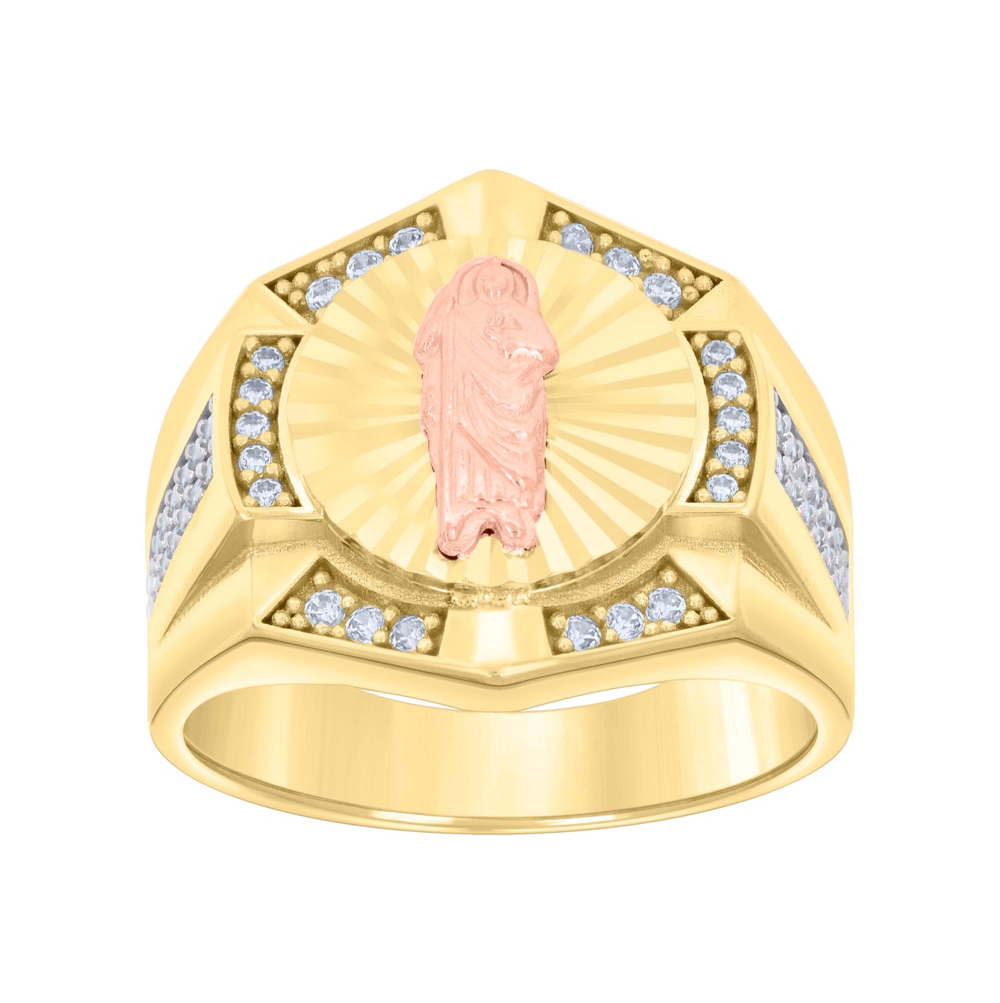 14K Two-tone Gold Mens Cubic-Zirconia St. Jude Diamond-Cut Religious Ring