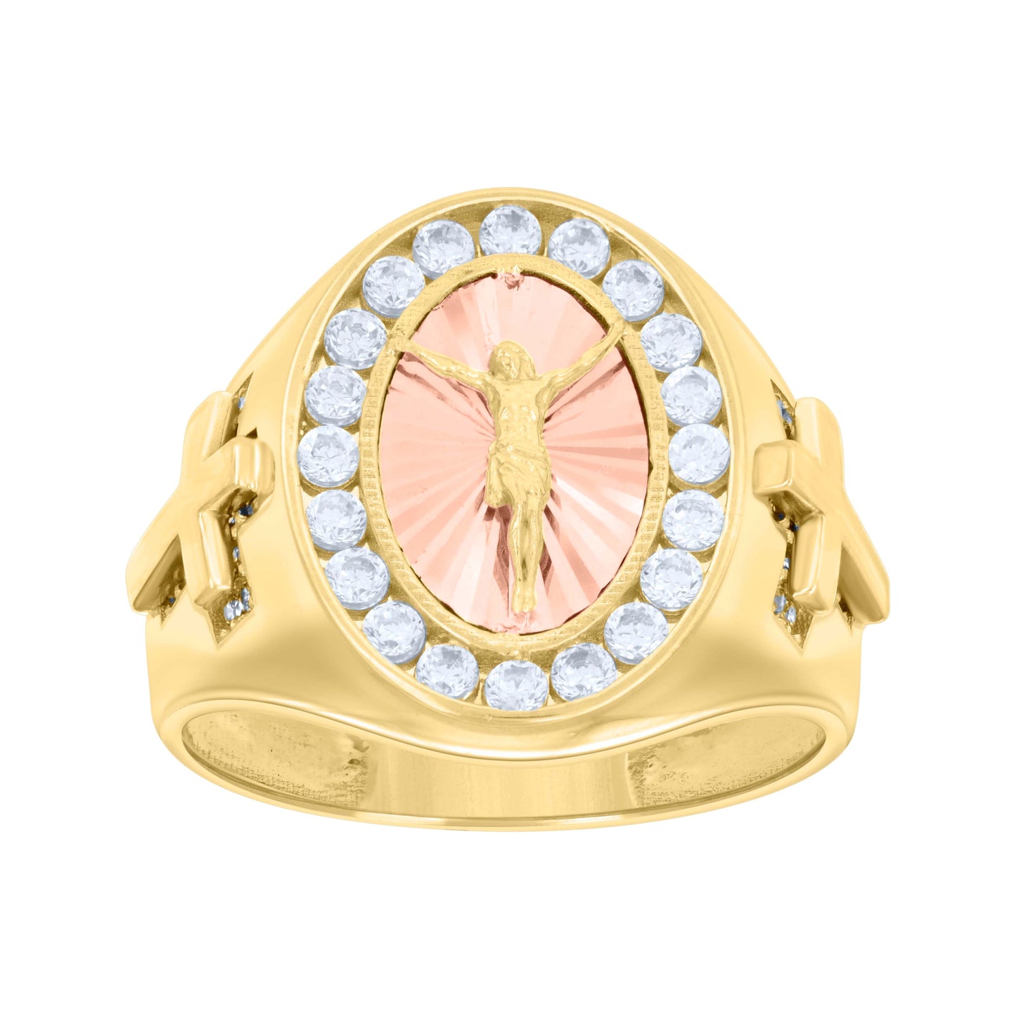 14K Two-tone Gold Mens Cubic-Zirconia Oval Crucifix Cross Diamond-Cut Religious Ring