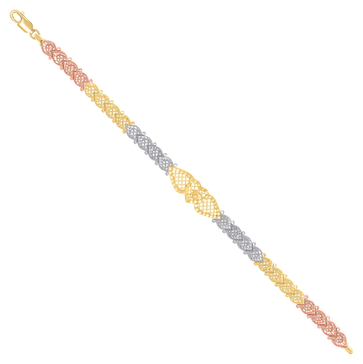 14K Tri-Color Gold Womens Heart 15 Quinceanera Charm Bracelet