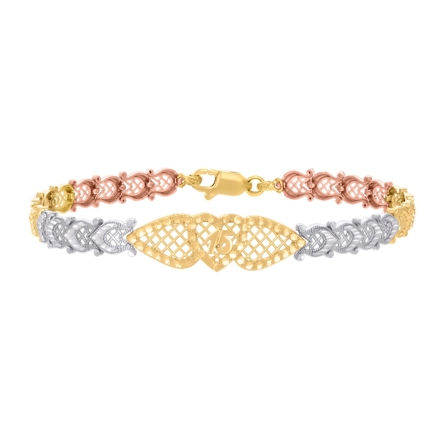 14K Tri-Color Gold Womens Heart 15 Quinceanera Charm Bracelet