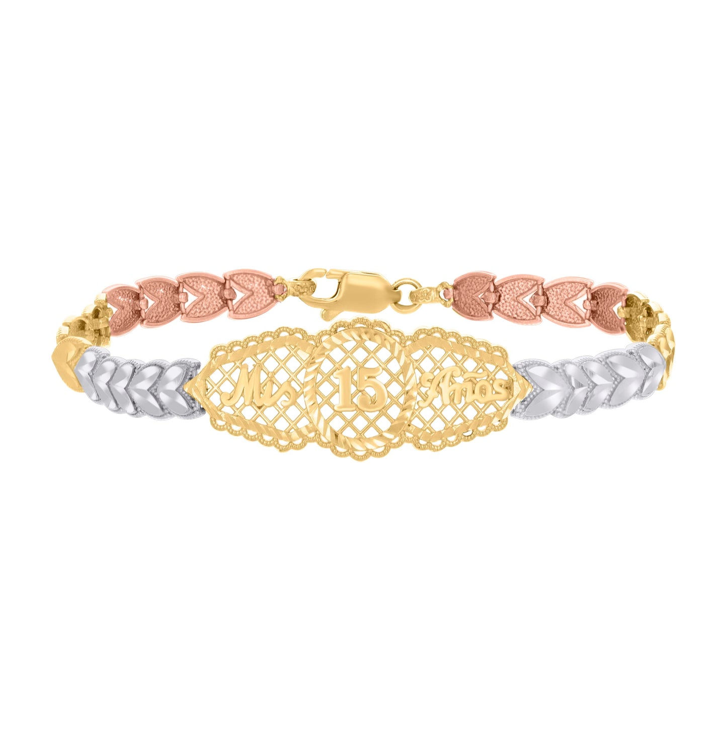 14K Tri-Color Gold Womens Mis 15 Anos Quinceanera Charm Bracelet