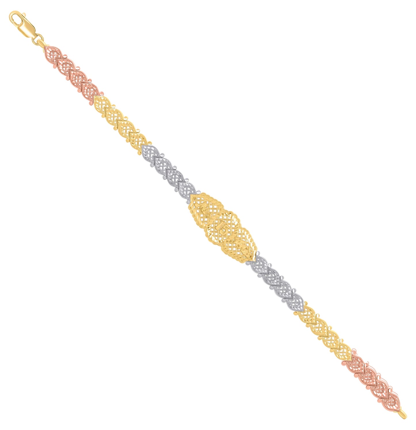 14K Tri-Color Gold Womens 15 Quinceanera Charm Bracelet