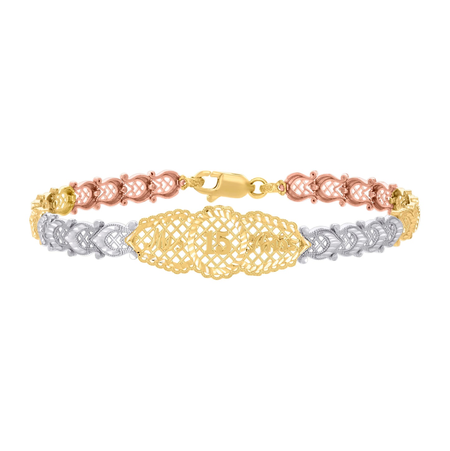 14K Tri-Color Gold Womens 15 Quinceanera Charm Bracelet