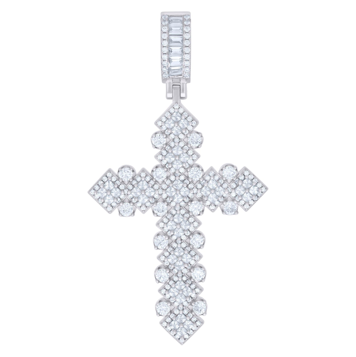 Sterling Silver Mens Round Baguette/Princess-Cut Cubic-Zirconia Cross Religious Pendant