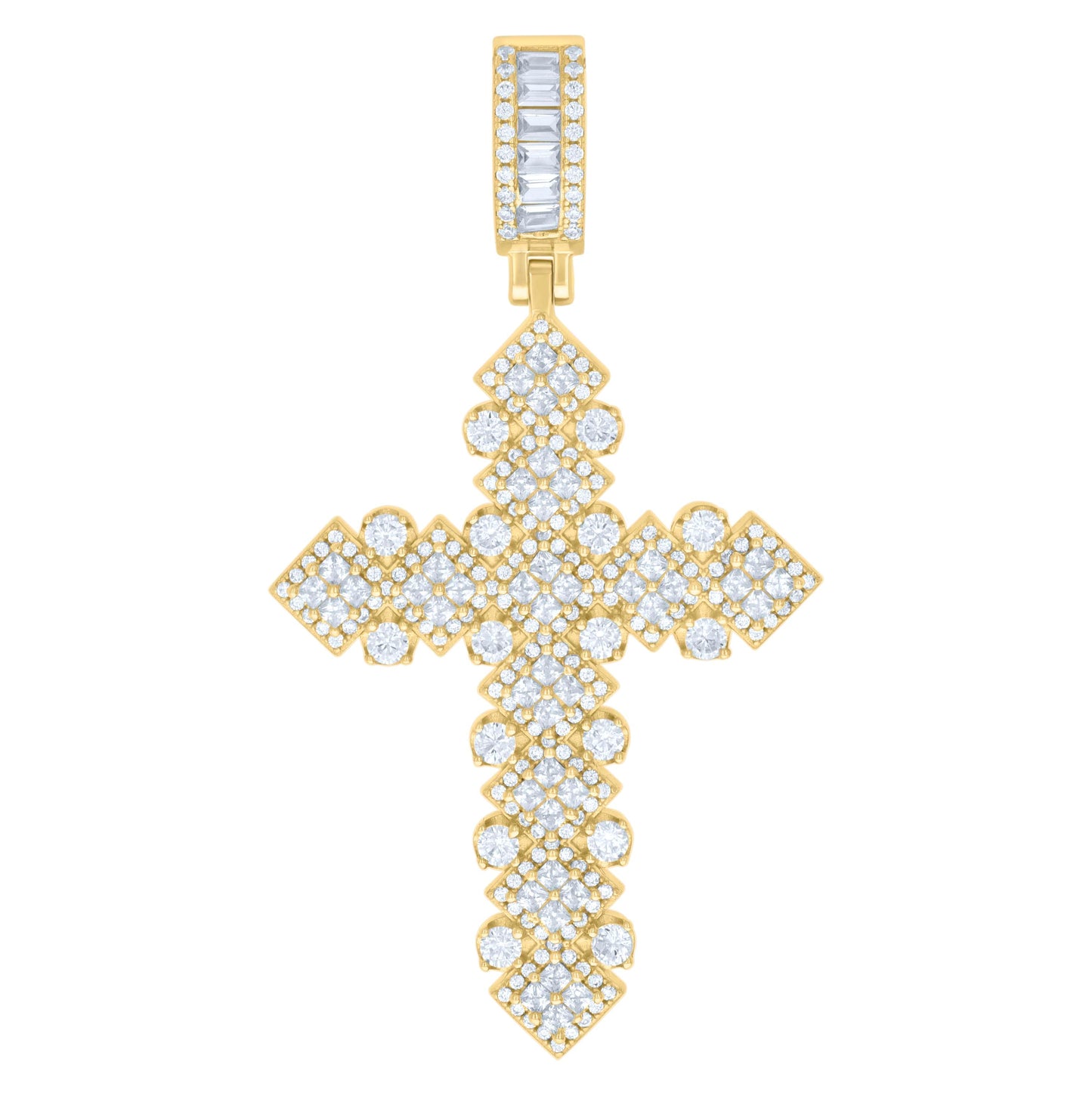 Sterling Silver Mens Round Baguette/Princess-Cut Cubic-Zirconia Cross Religious Pendant