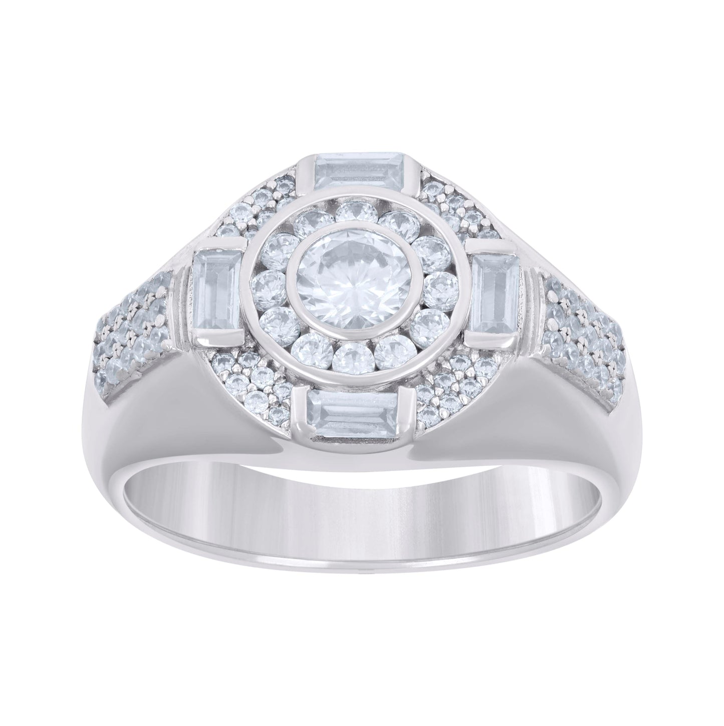 Sterling Silver Men's Baguette Round Cubic-Zirconia Fashion Bridal Anniversary Wedding Engagement Band Ring