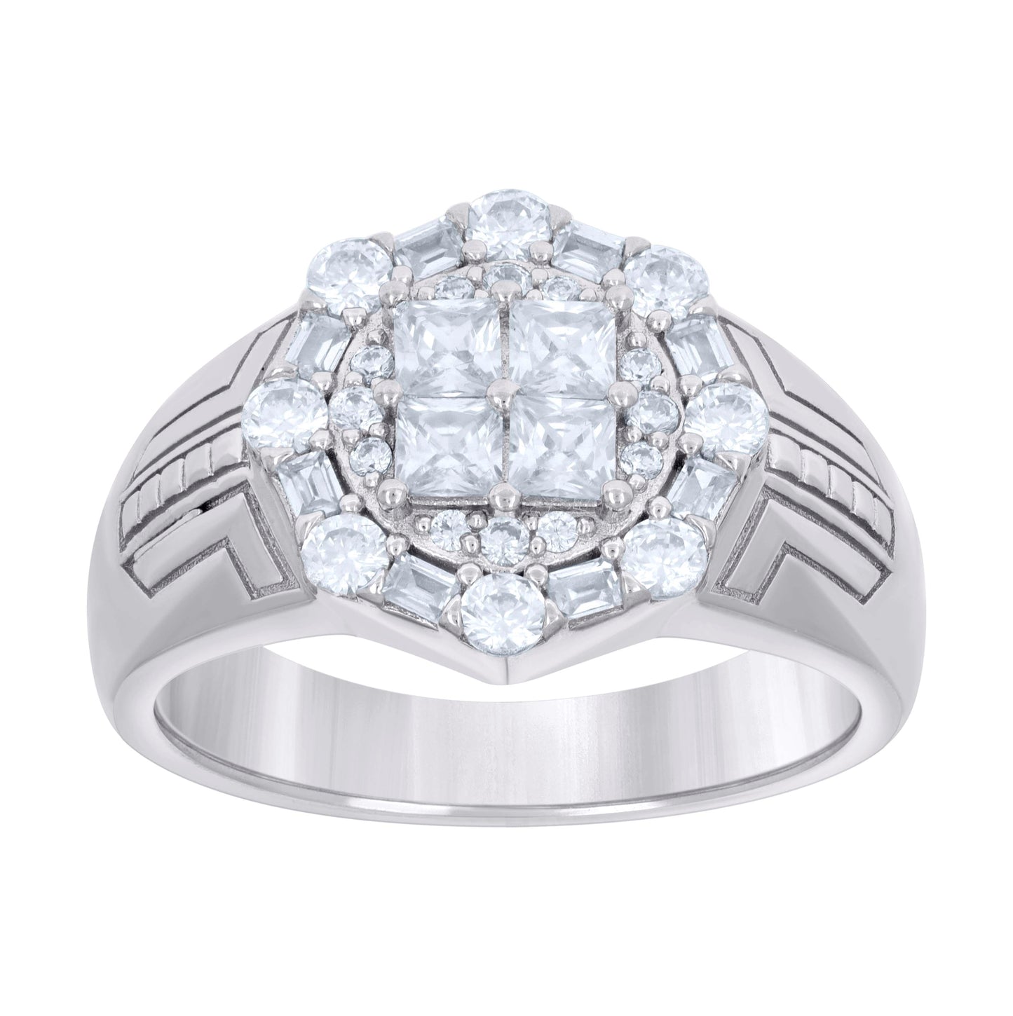 Sterling Silver Men's Baguette Round Cubic-Zirconia Fashion Bridal Anniversary Wedding Engagement Band Ring