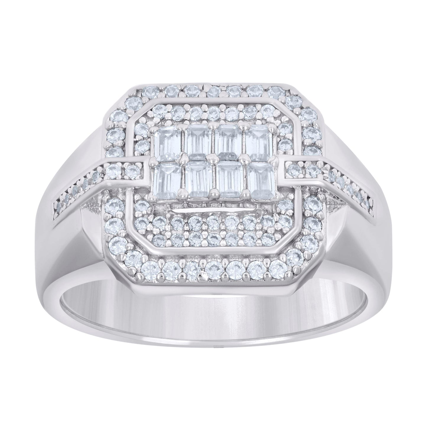 Sterling Silver Mens Baguette Round Cubic-Zirconia Octagon Head Fashion Bridal Anniversary Wedding Engagement Band Ring