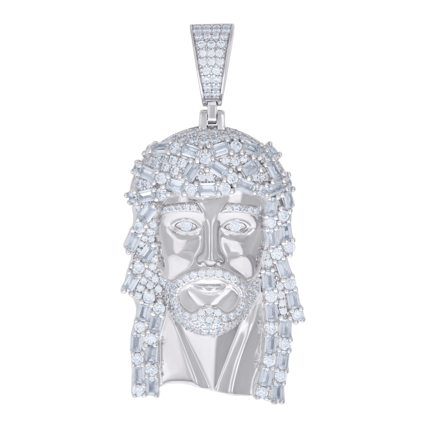 Sterling Silver Mens Baguette Round Cubic-Zirconia Jesus Religious Charm Pendant