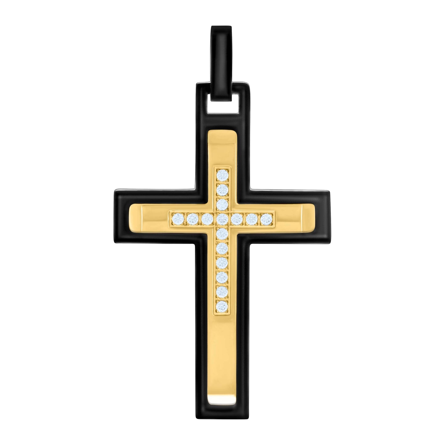 Stainless Steel Or Black-Tone Or Yellow-tone Mens Cubic-Zirconia Cross Religious Charm Pendant