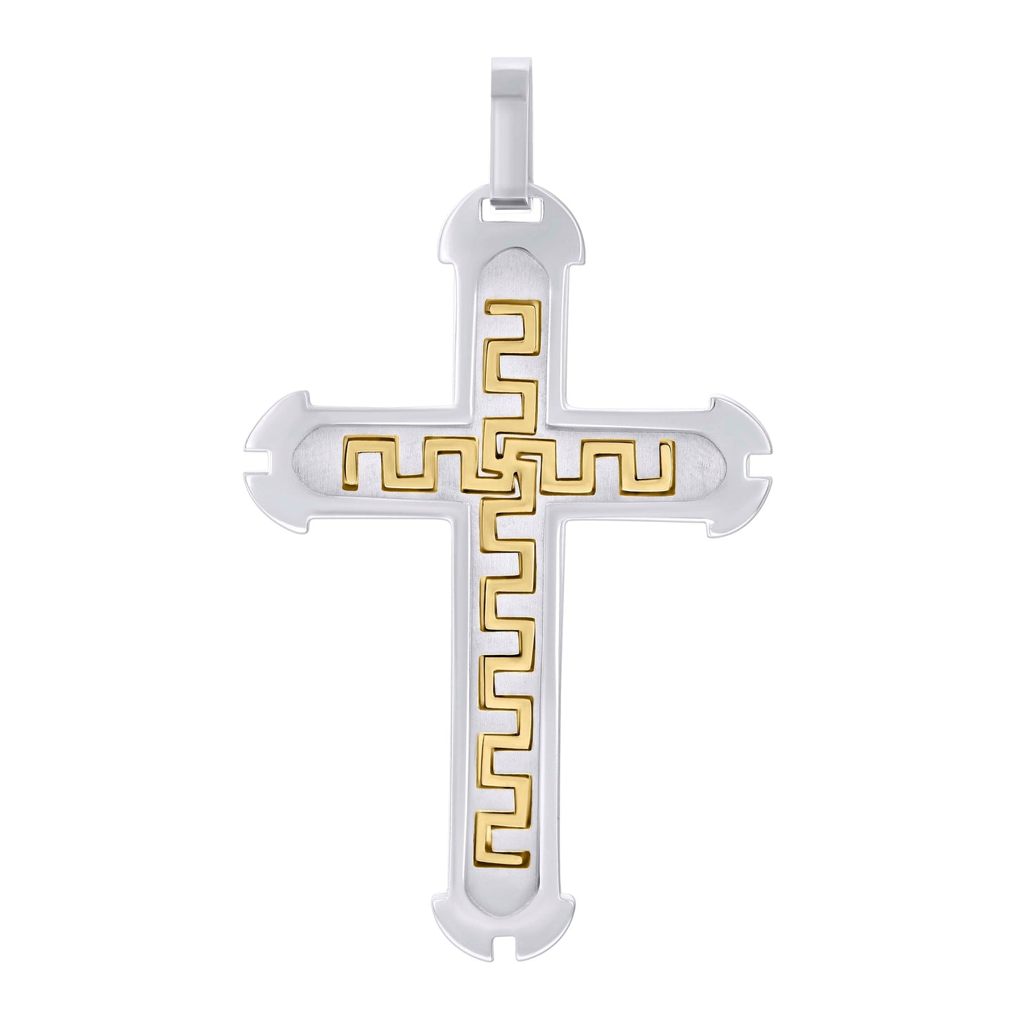 Stainless Steel Or Black-Tone Or Yellow-tone Mens Greek Key Cross Religious Charm Pendant