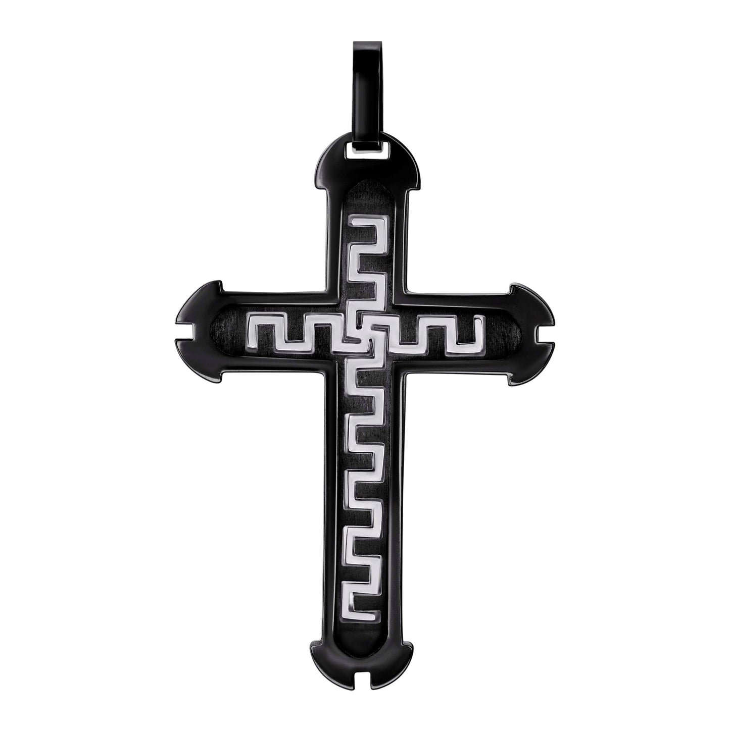 Stainless Steel Or Black-Tone Or Yellow-tone Mens Greek Key Cross Religious Charm Pendant
