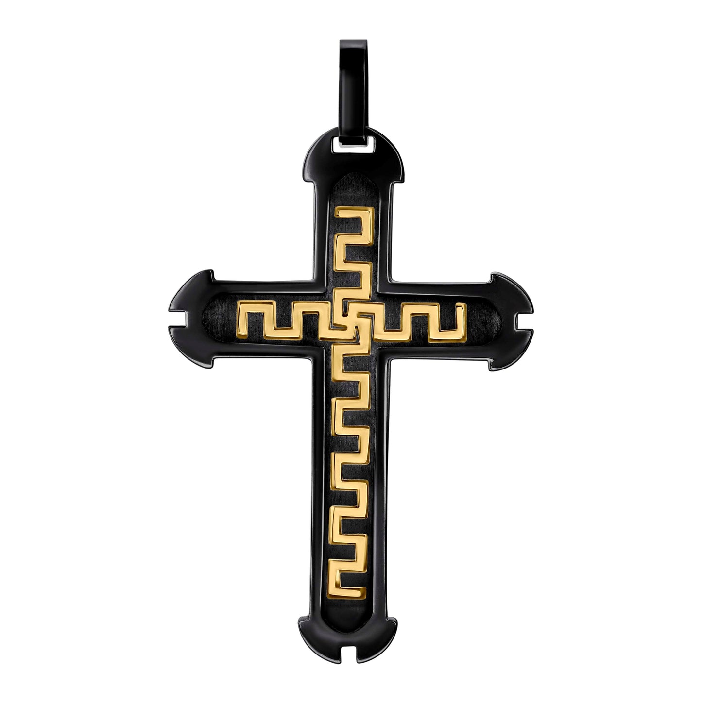 Stainless Steel Or Black-Tone Or Yellow-tone Mens Greek Key Cross Religious Charm Pendant