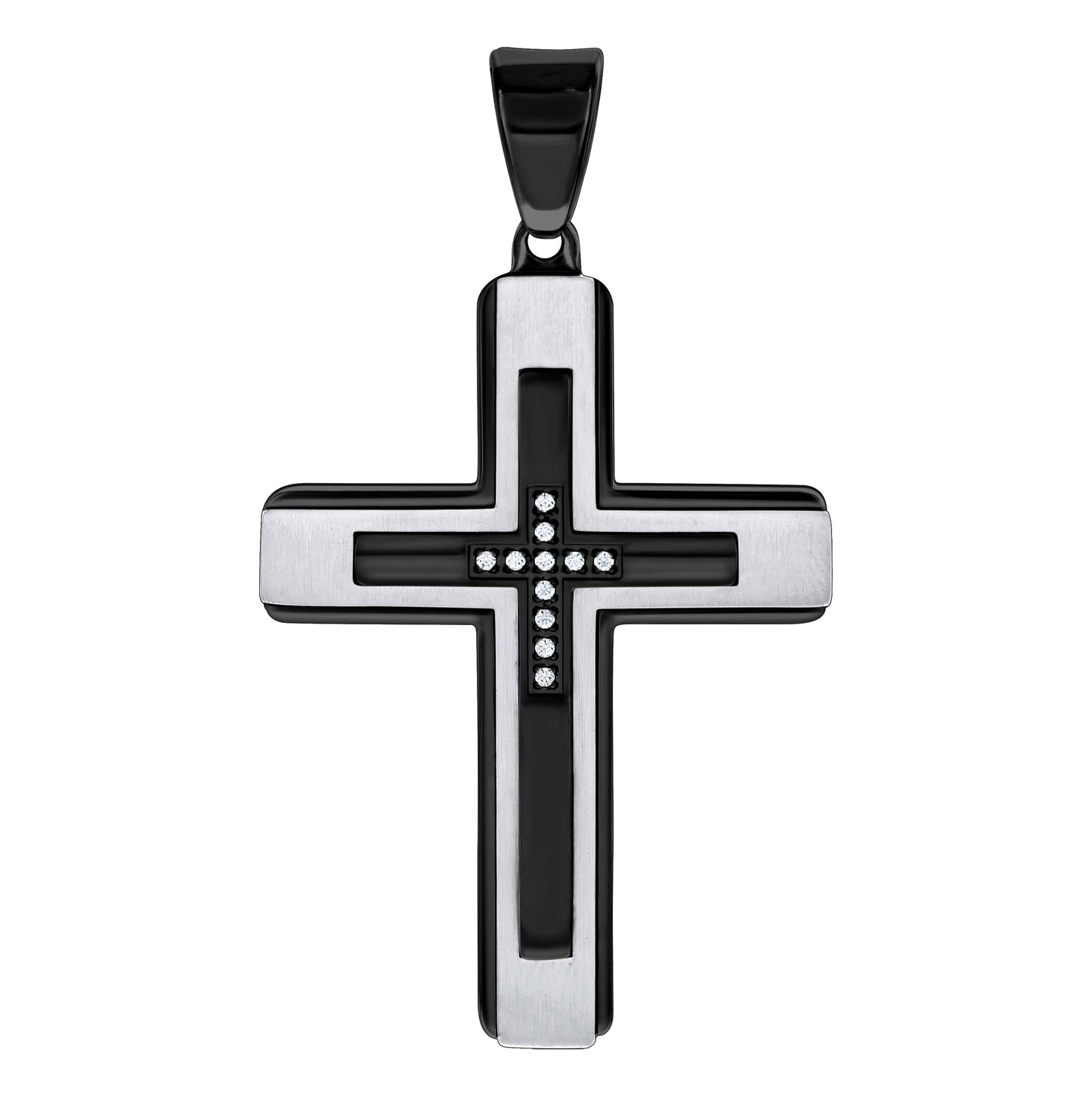 Stainless Steel Or Black-Tone Or Yellow-tone Mens Cubic-Zirconia Cross Religious Charm Pendant