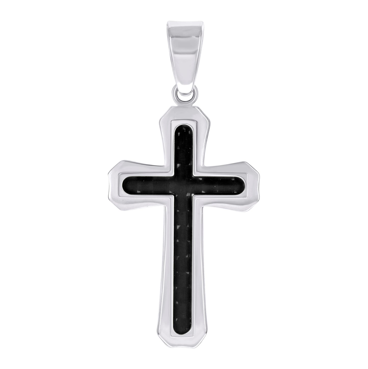Stainless Steel Black-tone Or Yellow Tone Mens Carbon Fiber Inlay Cross Religious Charm Pendant
