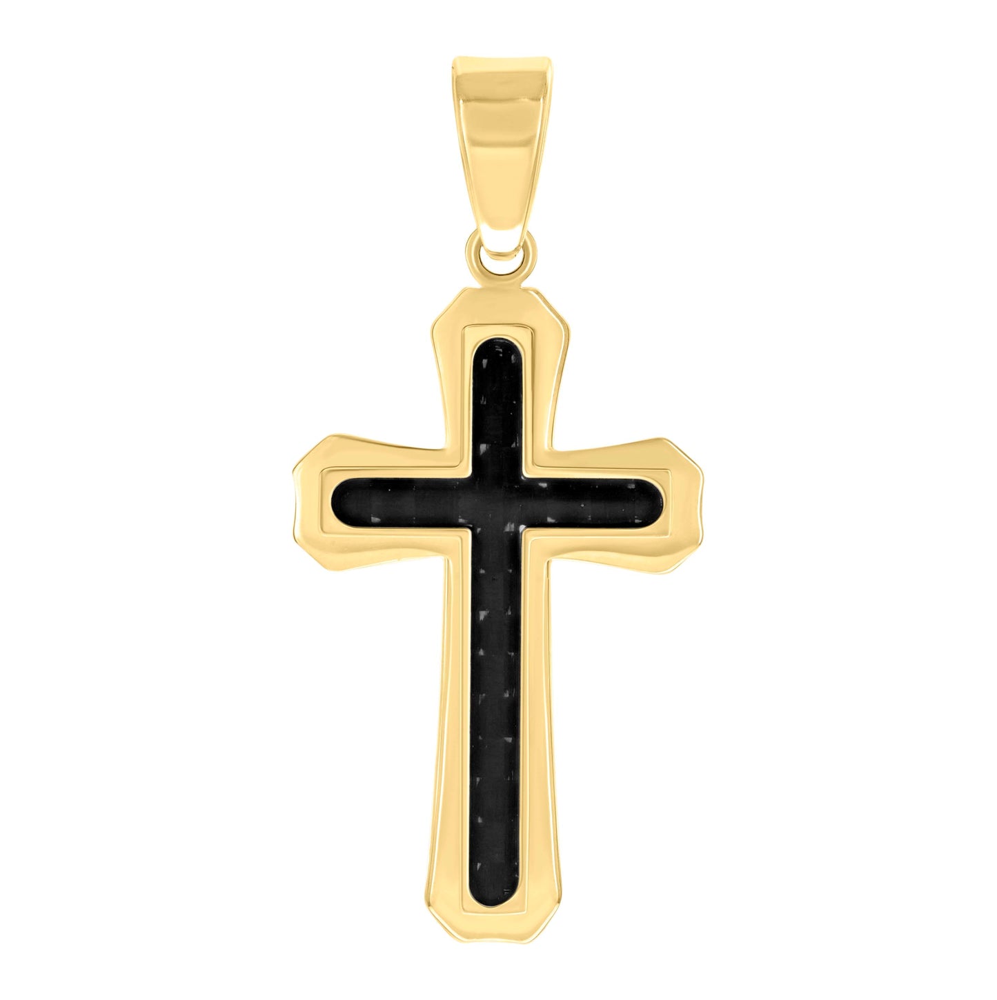 Stainless Steel Black-tone Or Yellow Tone Mens Carbon Fiber Inlay Cross Religious Charm Pendant