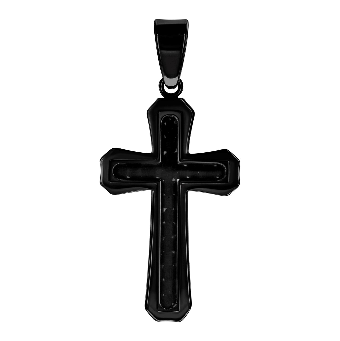 Stainless Steel Black-tone Or Yellow Tone Mens Carbon Fiber Inlay Cross Religious Charm Pendant