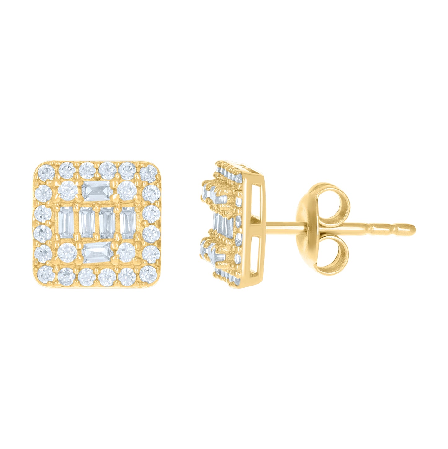 10K Yellow Gold Womens Baguette Round Cubic-Zirconia Square Stud Earrings