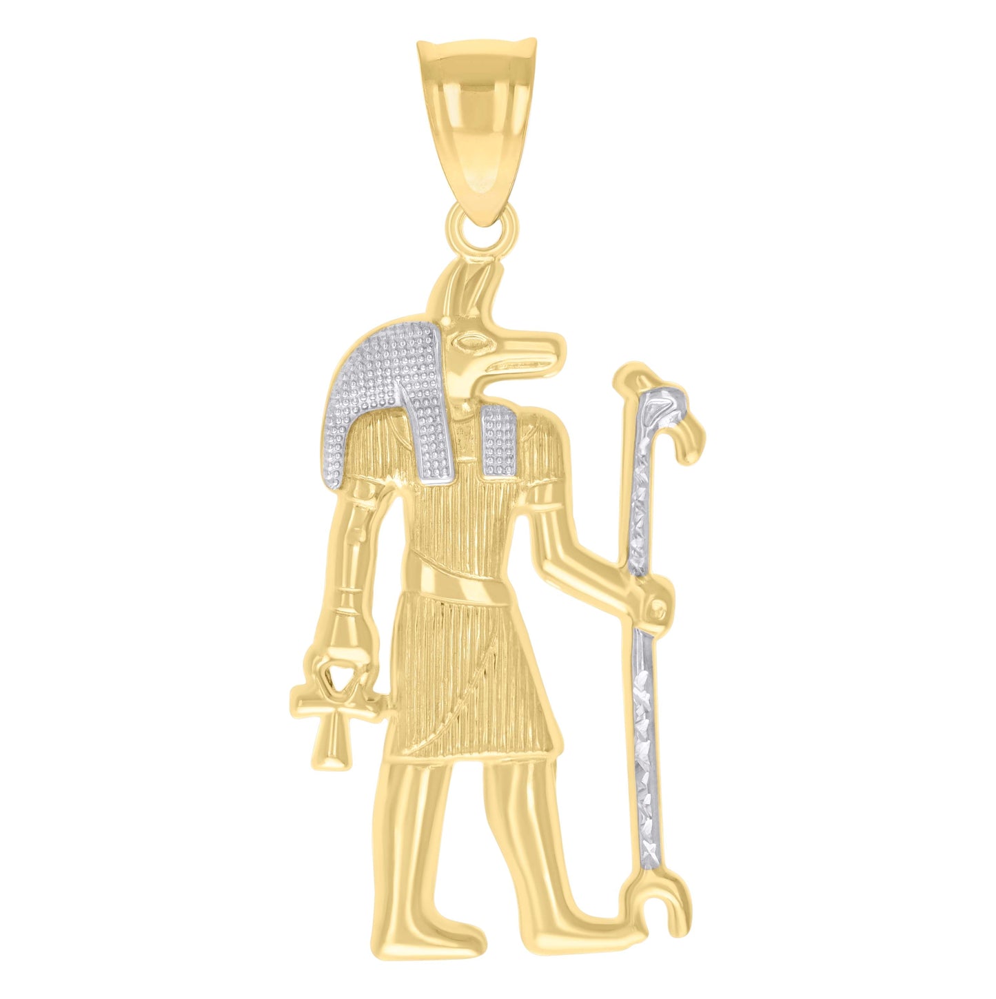 10K Two-tone Gold Mens Diamond-Cut Ancient Egyptian God Anubis Religious Pendant