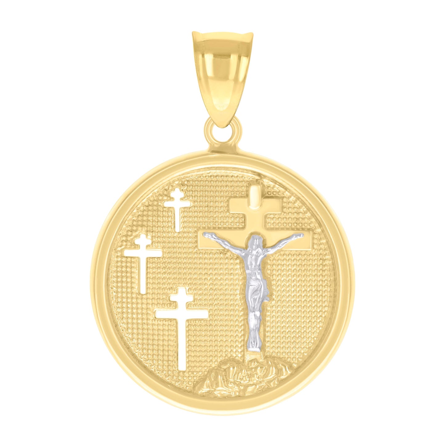 10K Two-tone Gold Mens Medallion Jesus Crucifix Cross Religious Pendant