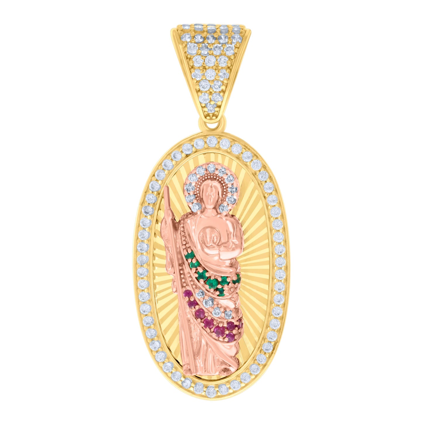 14K Two-tone Gold Mens Green/Pink White Cubic-Zirconia Oval St. Jude Religious Charm Pendant