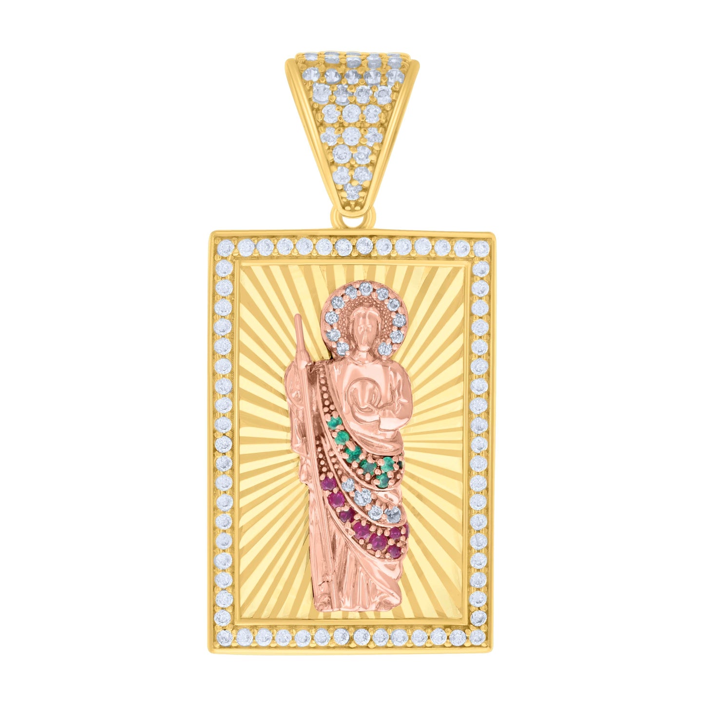 14K Two-tone Gold Mens Green/Pink White Cubic-Zirconia St. Jude Religious Charm Pendant