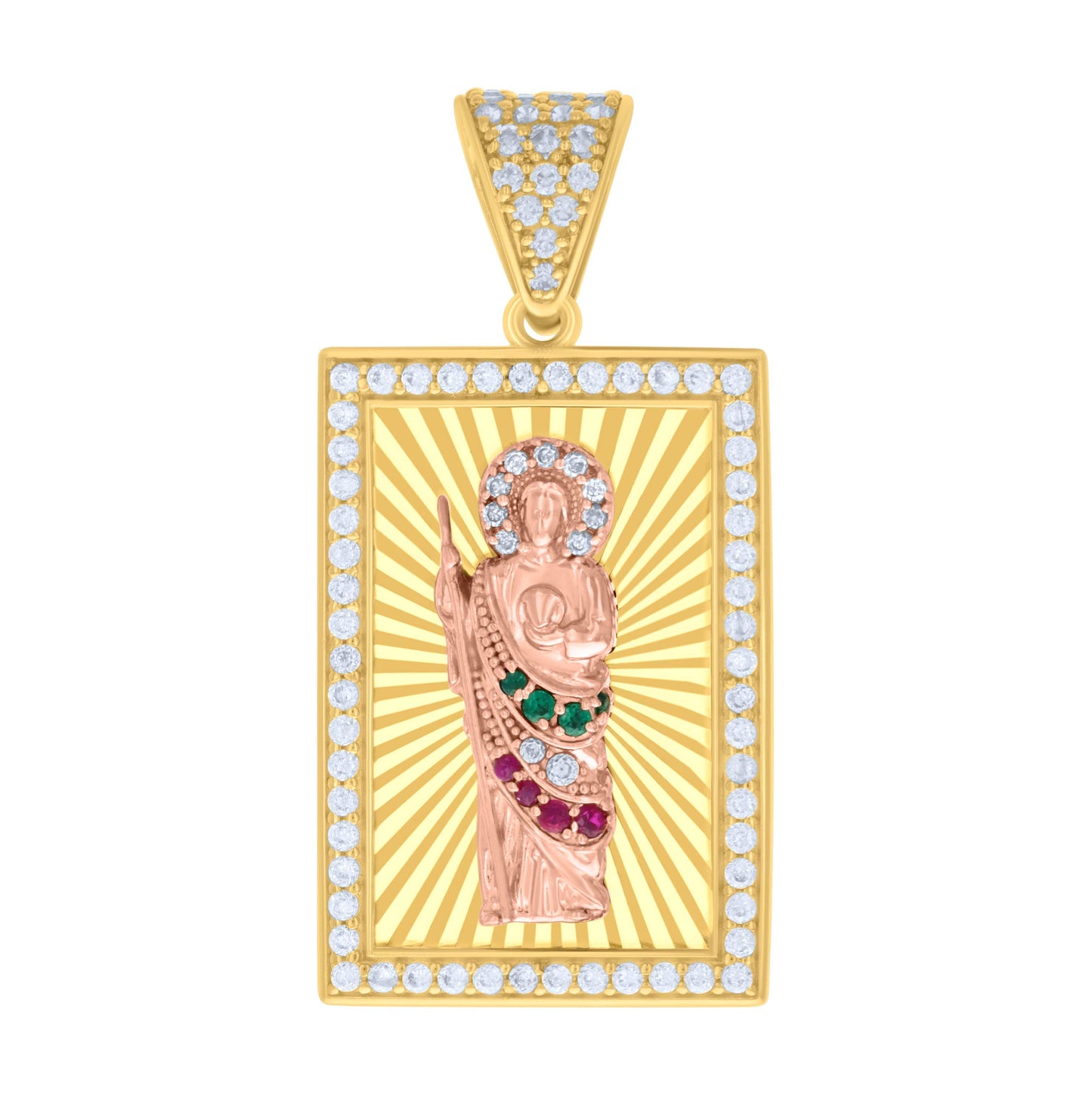 14K Two-tone Gold Mens Green/Pink White Cubic-Zirconia St. Jude Religious Charm Pendant