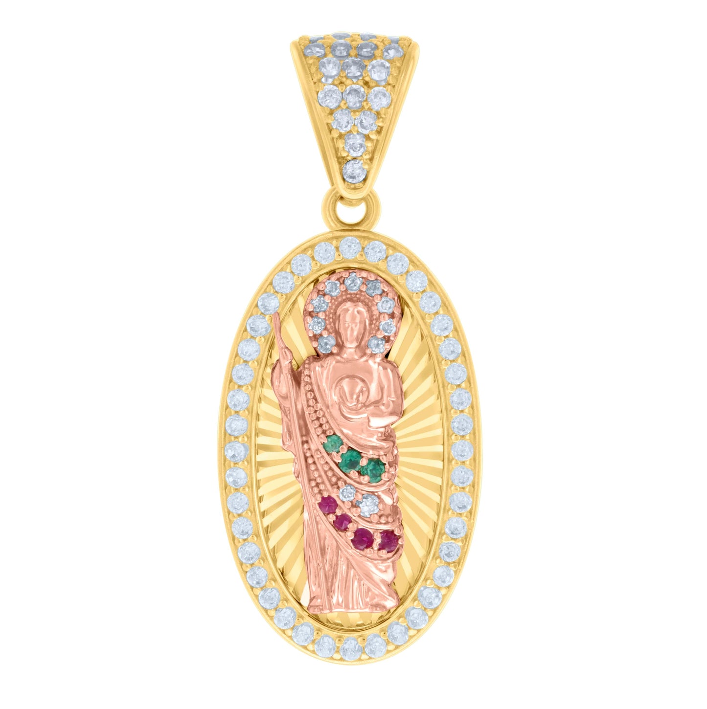 14K Two-tone Gold Mens Green/Pink White Cubic-Zirconia Oval St. Jude Religious Charm Pendant