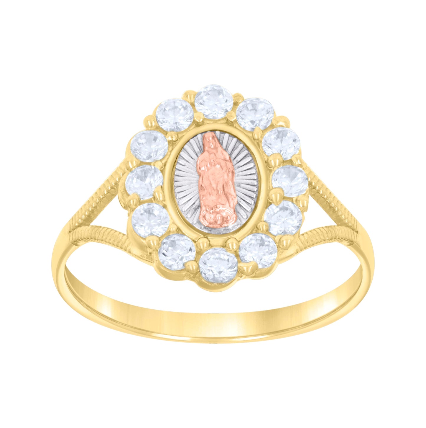 14K Tri-Color Gold Womens Cubic-Zirconia Guadalupe Religious Ring