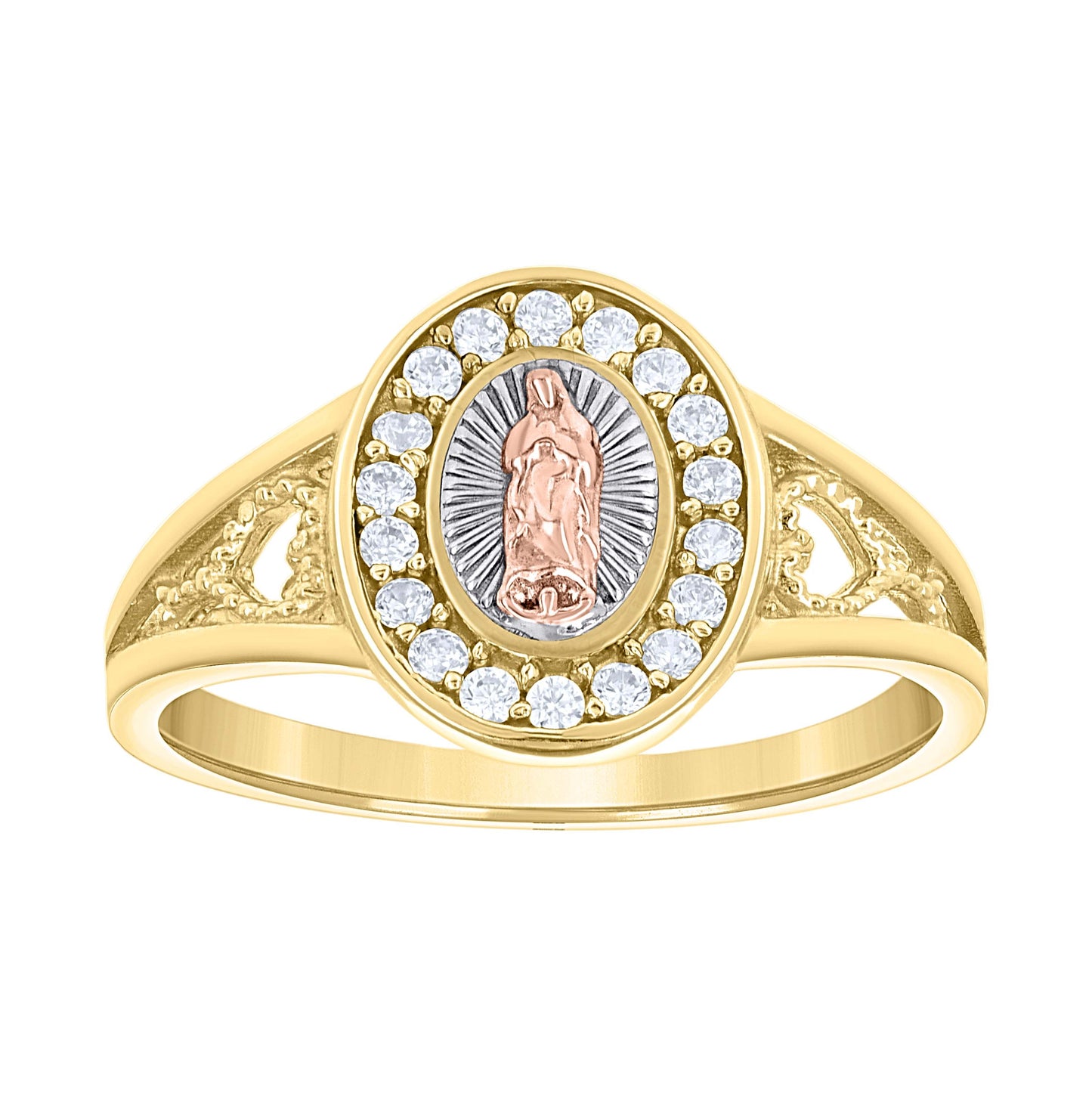 14K Tri-Color Gold Womens Cubic-Zirconia Oval Guadalupe Religious Ring
