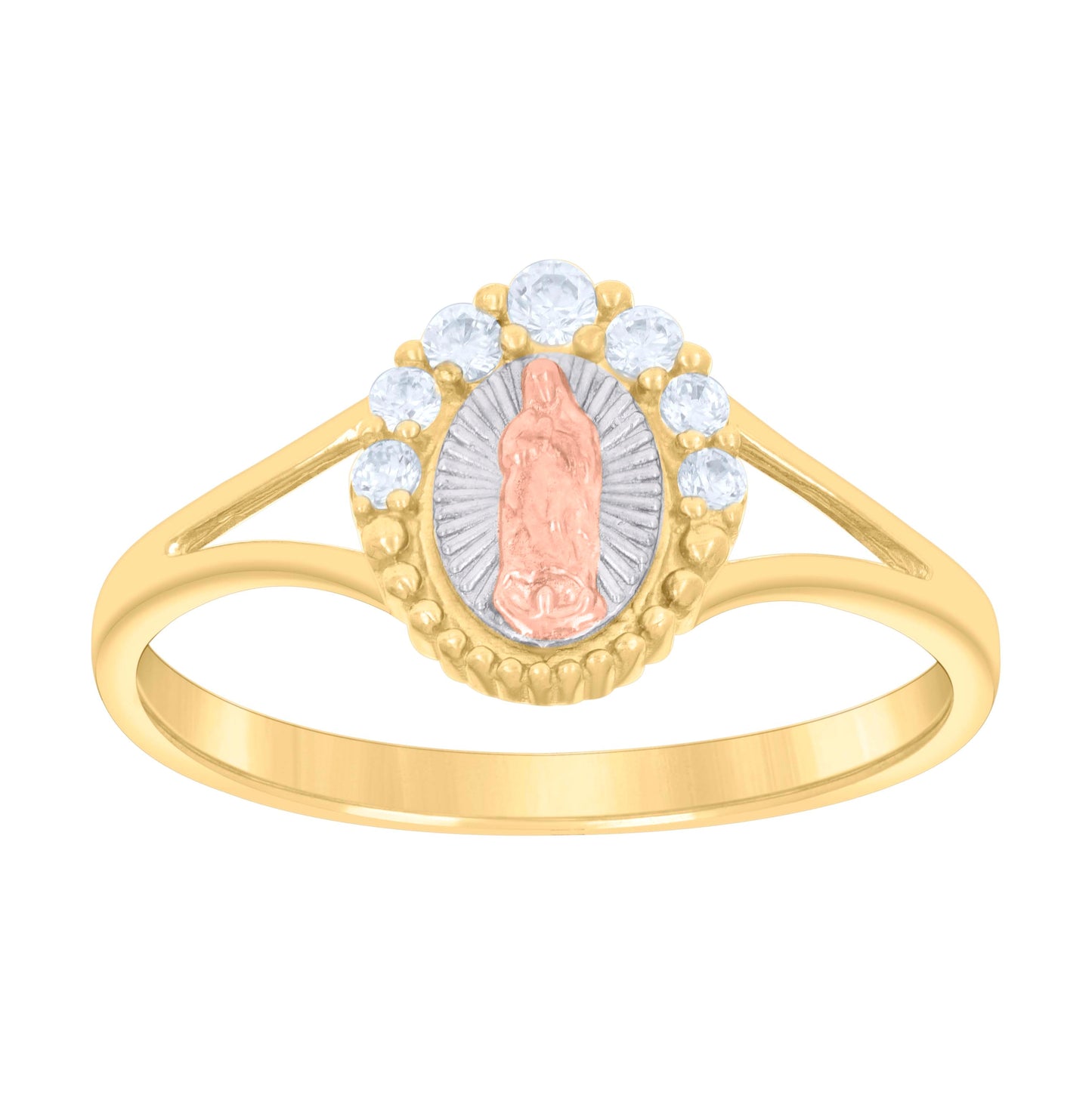 14K Tri-Color Gold Womens Cubic-Zirconia Oval Guadalupe Religious Ring
