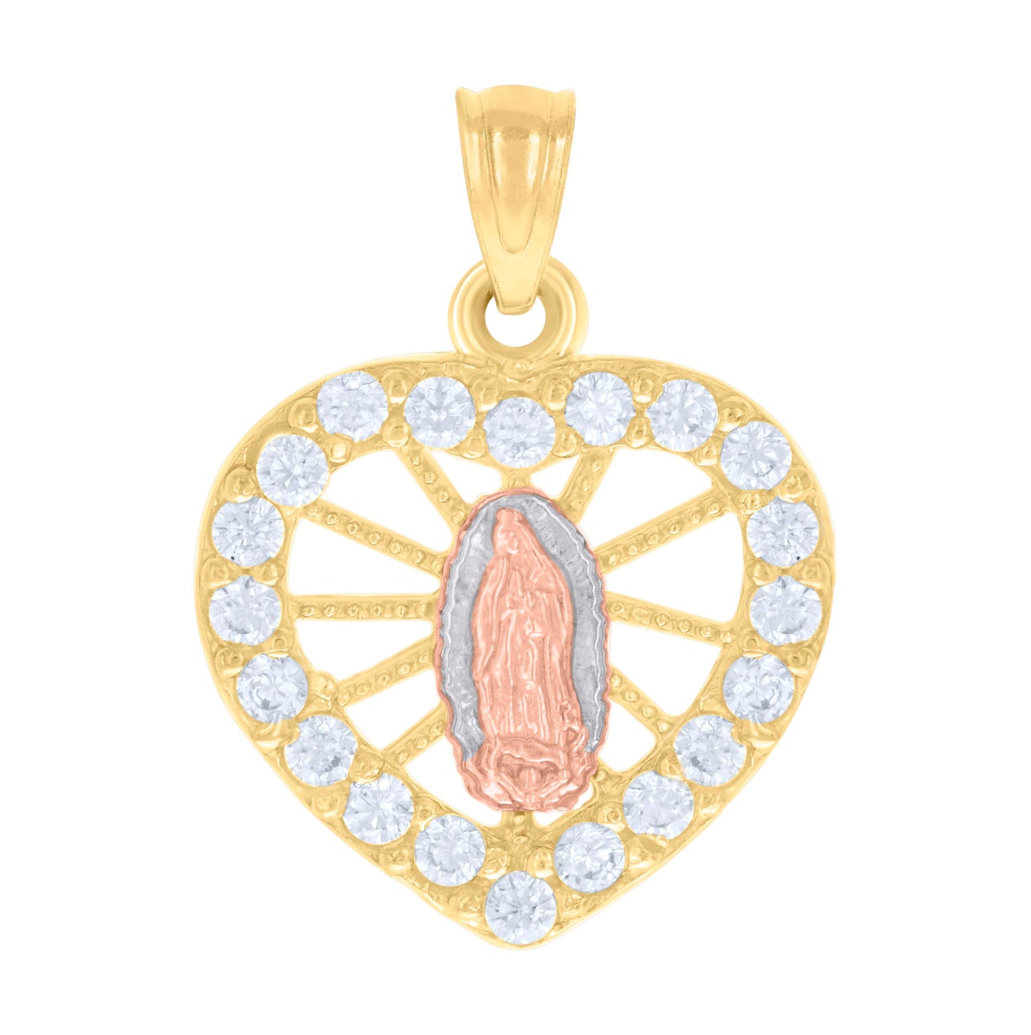 14K Tri-Color Gold Womens Cubic-Zirconia Heart Guadalupe Religious Charm Pendant