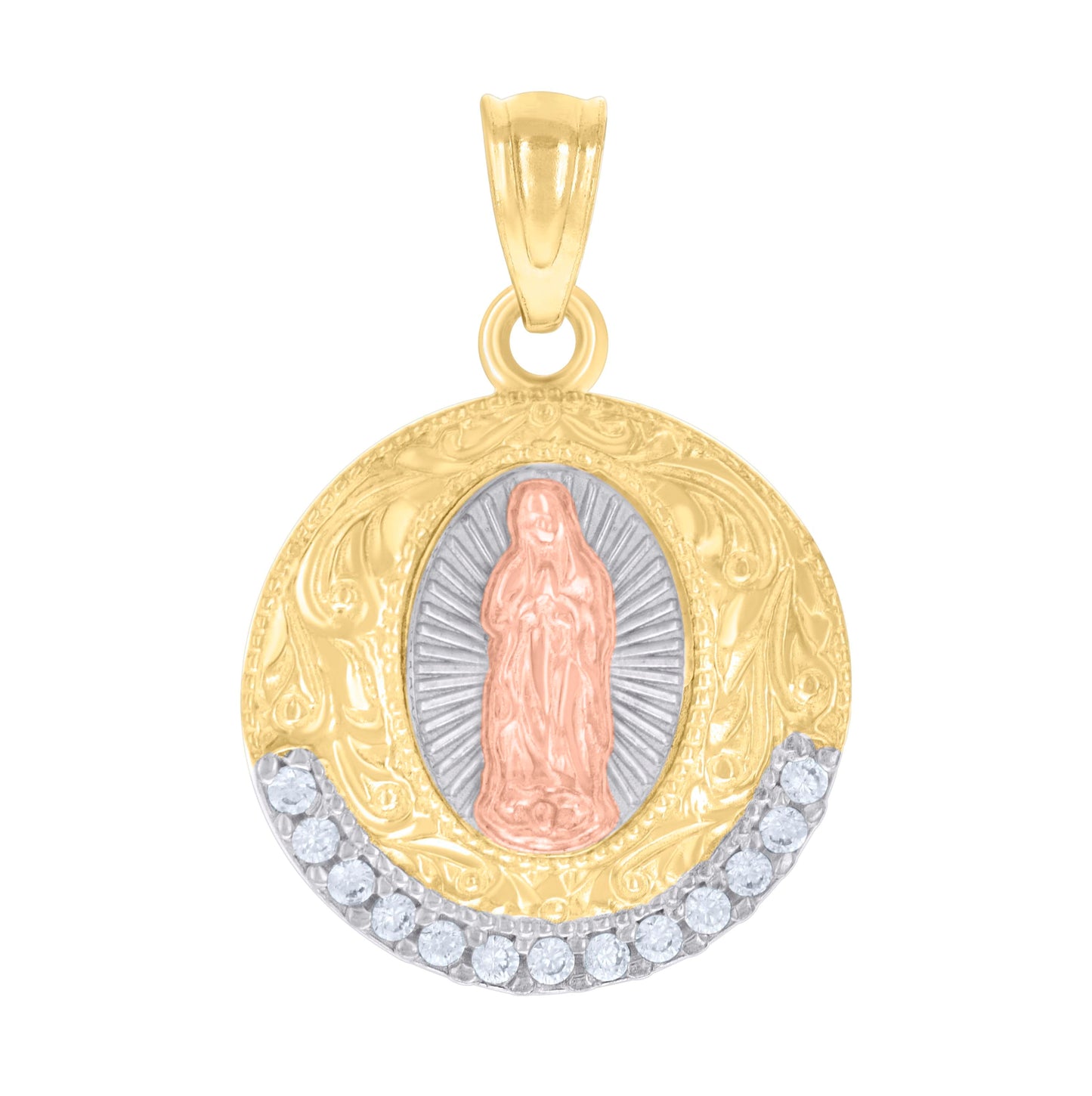 14K Tri-Color Gold Womens Cubic-Zirconia Guadalupe Religious Charm Pendant