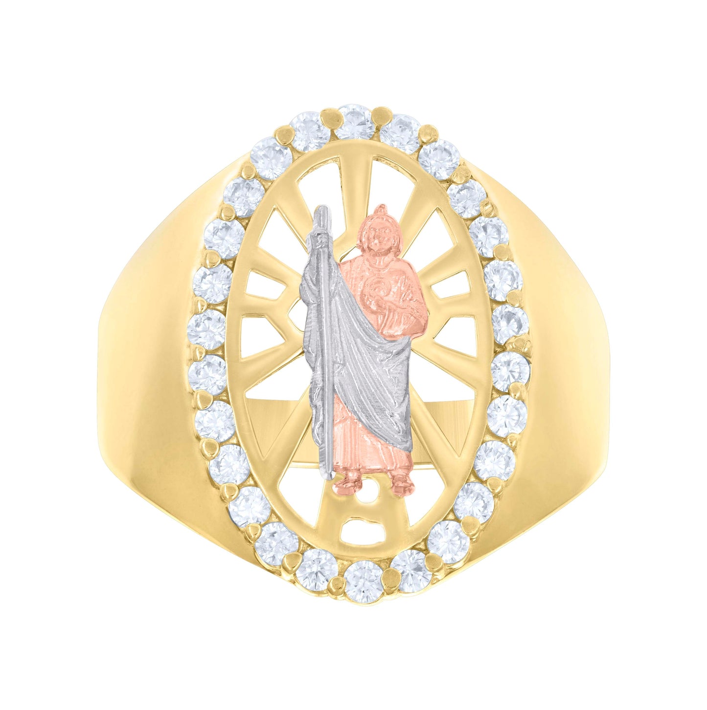 14K Tri-Color Gold Mens Cubic-Zirconia Oval St. Jude Religious Ring
