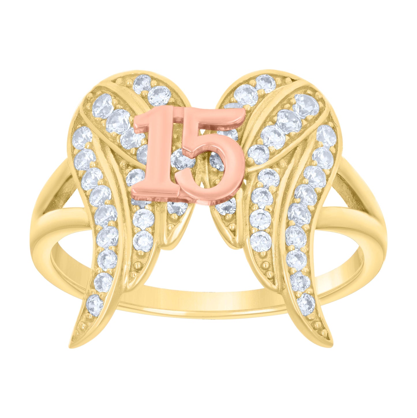 14K Two-tone Gold Womens Cubic-Zirconia 15 Angel Wings Quinceanera Ring