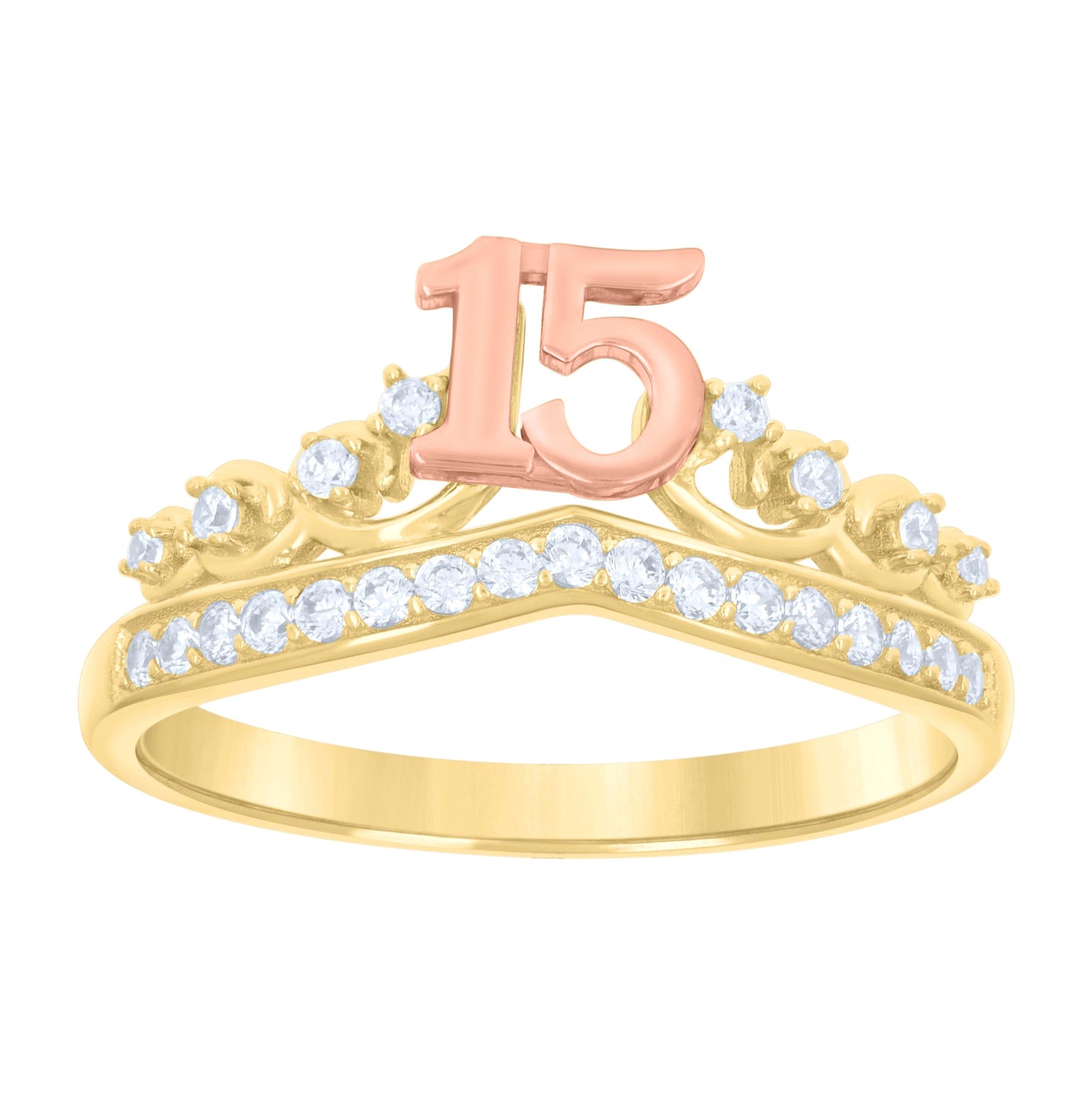 14K Two-tone Gold Womens Cubic-Zirconia 15 Crown Quinceanera Ring